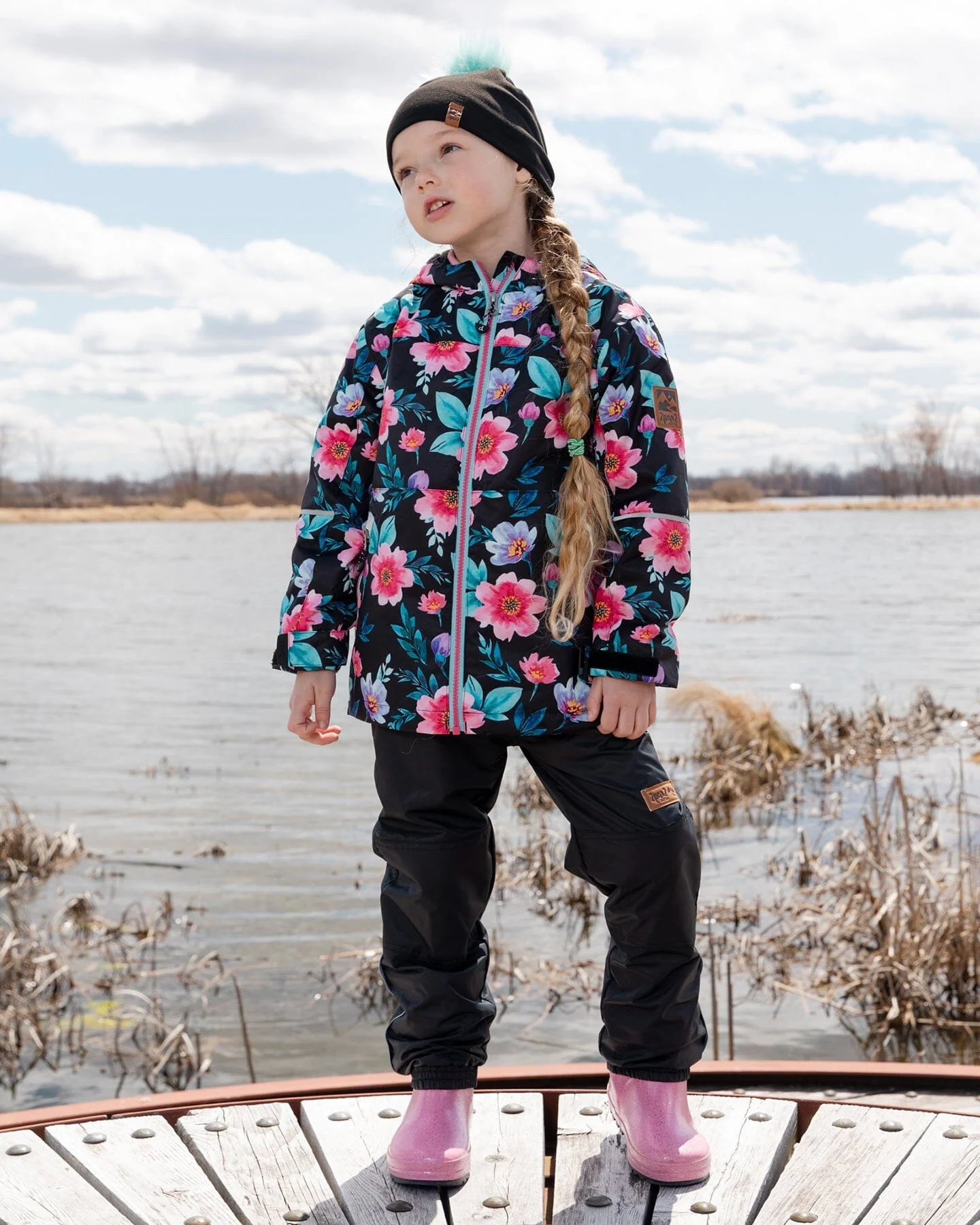 3-In-1 Two-Piece Mid-Season Outerwear Set Black Printed Flowers - Pink Inner Jacket - Image 2