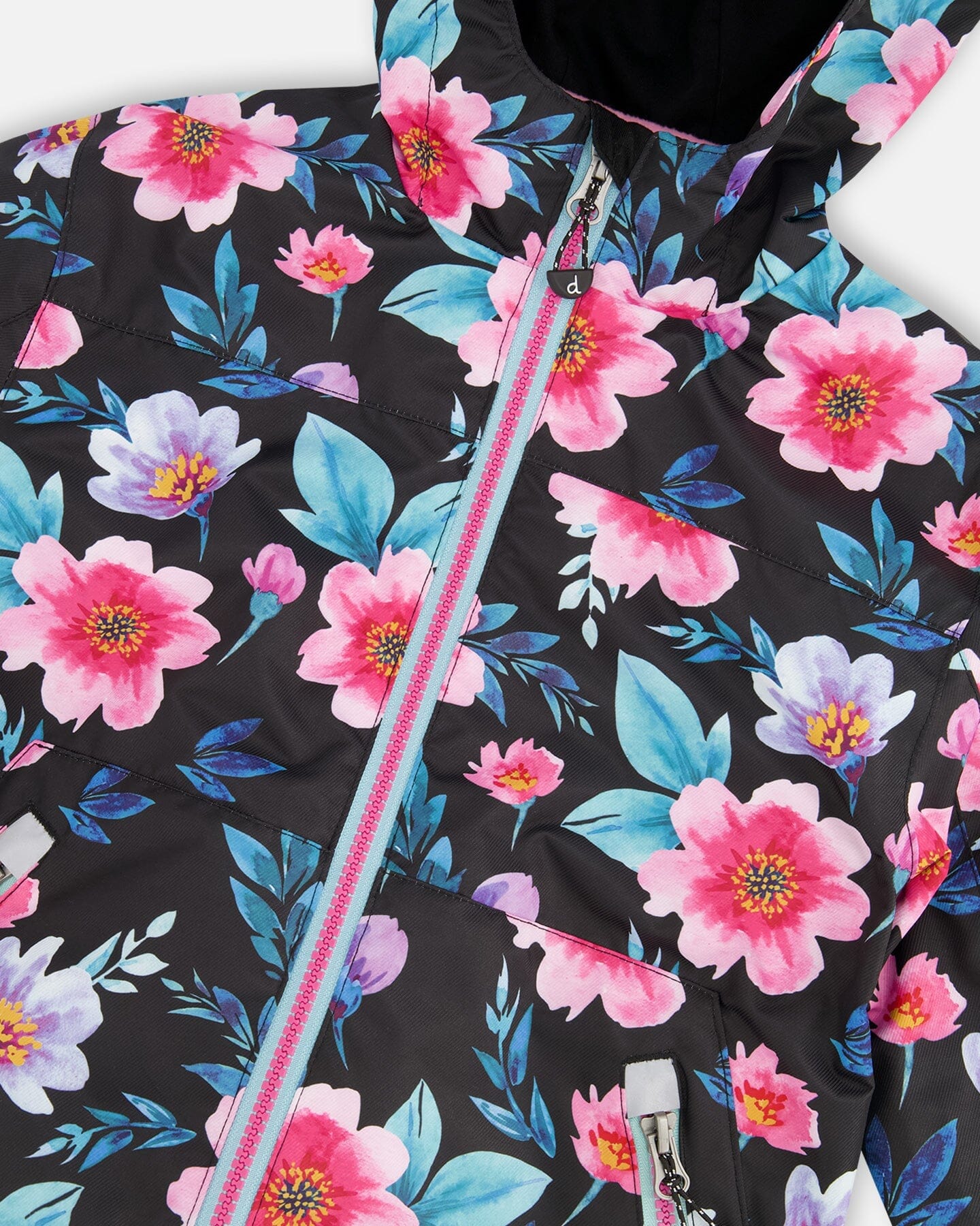 3-In-1 Two-Piece Mid-Season Outerwear Set Black Printed Flowers - Pink Inner Jacket - Image 6