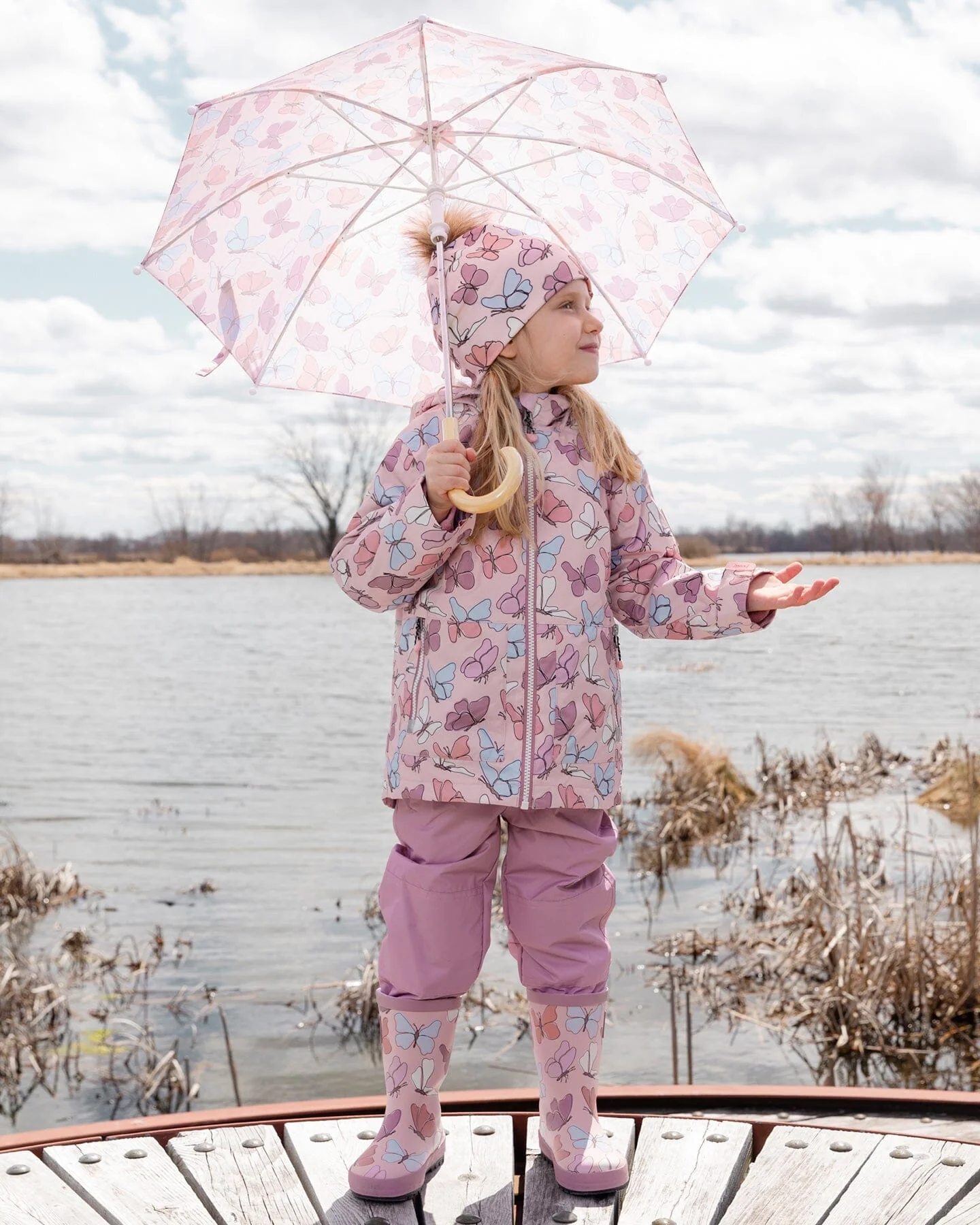 3-In-1 Two-Piece Mid-Season Outerwear Set Pink With Printed Butterflies - Image 2