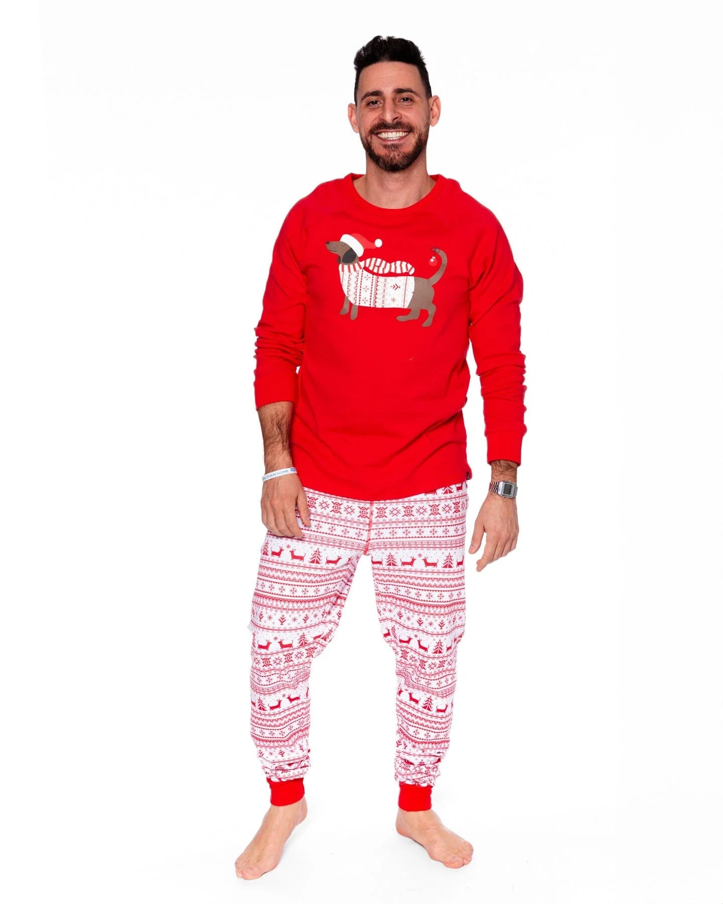 Adult Men Organic Cotton Two-Piece Pajama Set Red And White Fairisle - Image 2