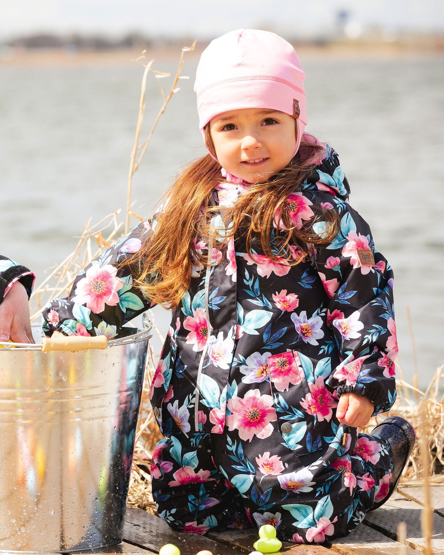Baby Mid-Season One-Piece Outerwear With Hat Black Printed Flowers - Image 2