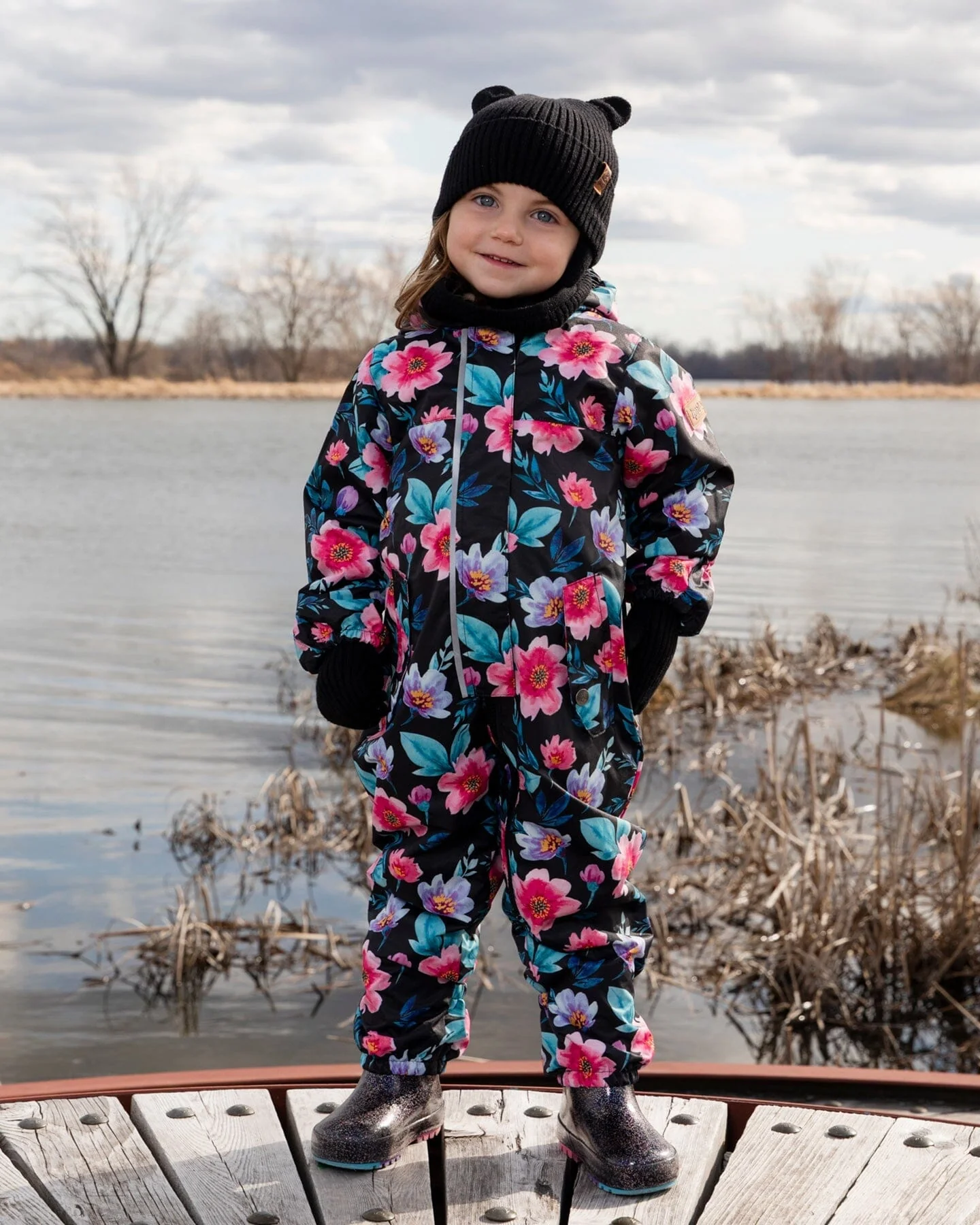 Baby Mid-Season One-Piece Outerwear With Hat Black Printed Flowers - Image 3