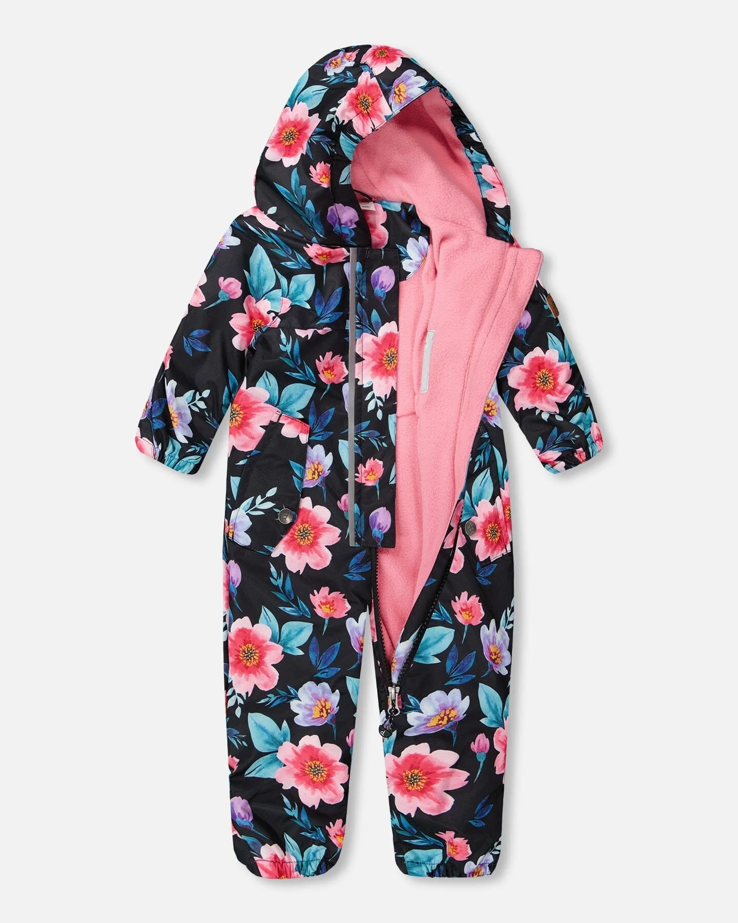 Baby Mid-Season One-Piece Outerwear With Hat Black Printed Flowers - Image 4