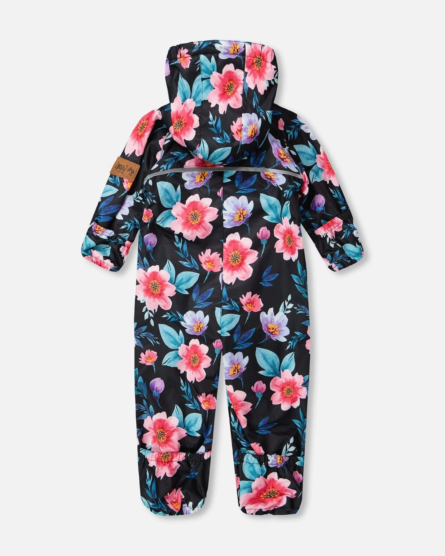 Baby Mid-Season One-Piece Outerwear With Hat Black Printed Flowers - Image 5