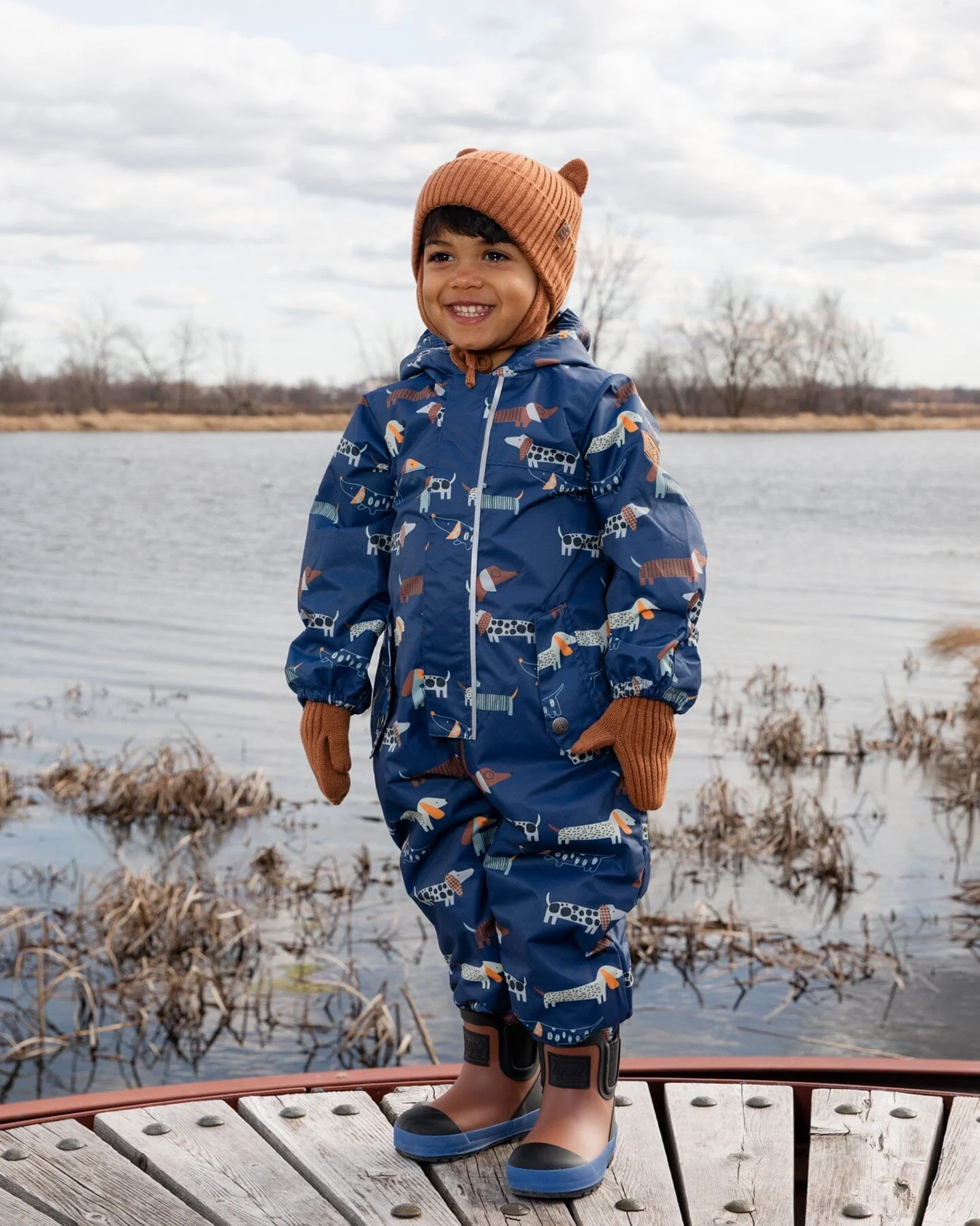 Baby Mid-Season One-Piece Outerwear With Hat Blue Dog Print - Image 3