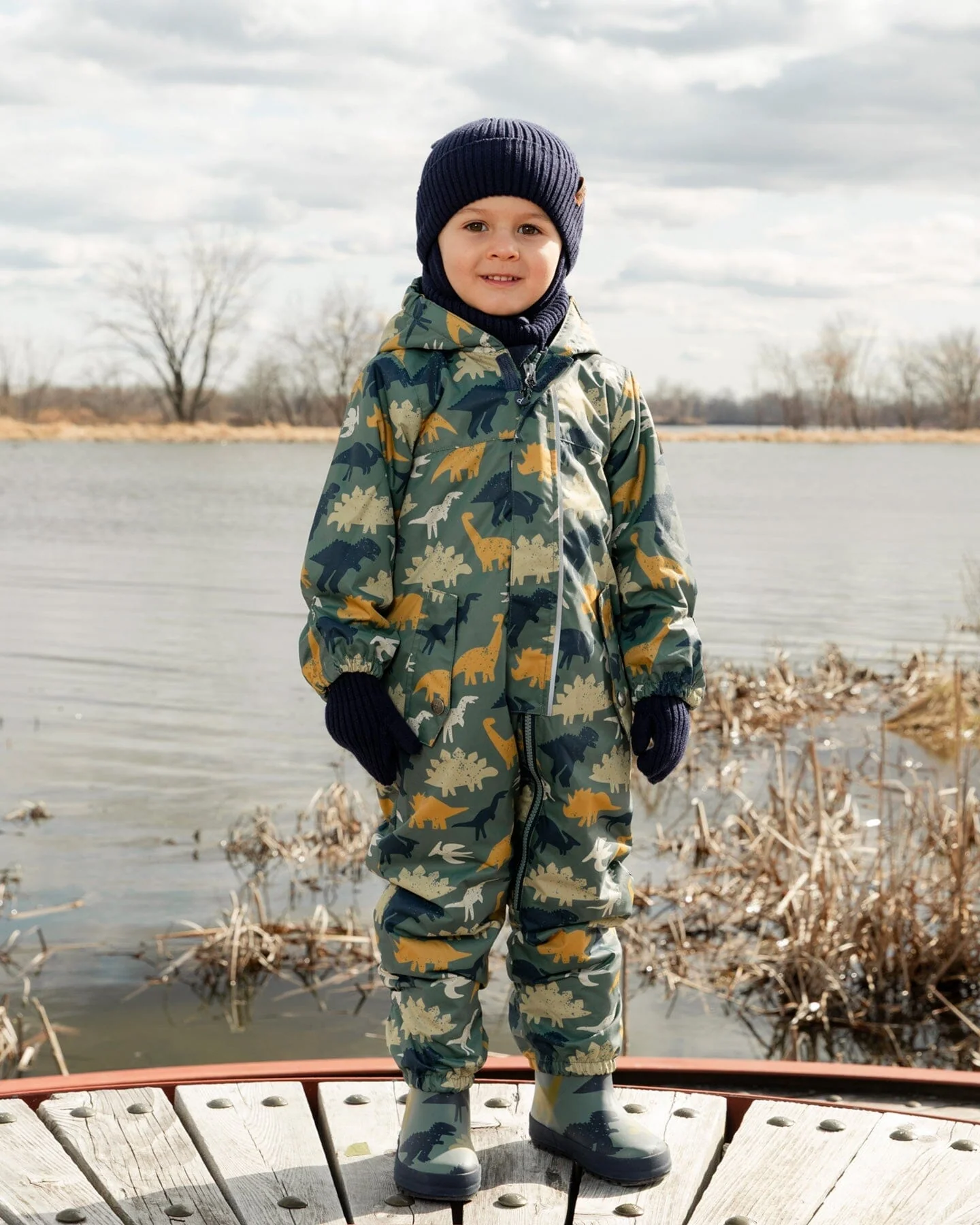 Baby Mid-Season One-Piece Outerwear With Hat Green Dinosaur Print - Image 3