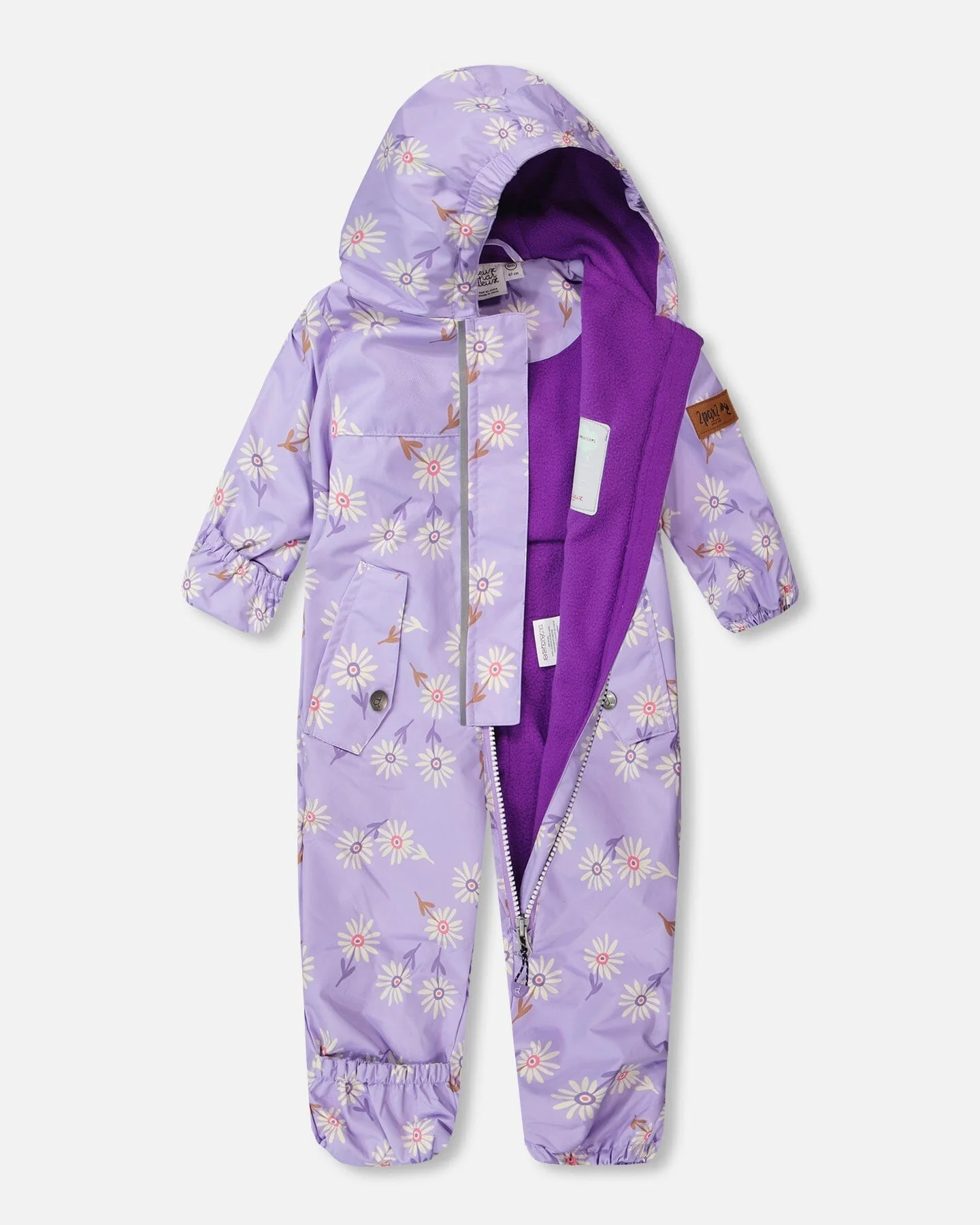Baby Mid-Season One-Piece Outerwear With Hat Purple Daisy Print - Image 3