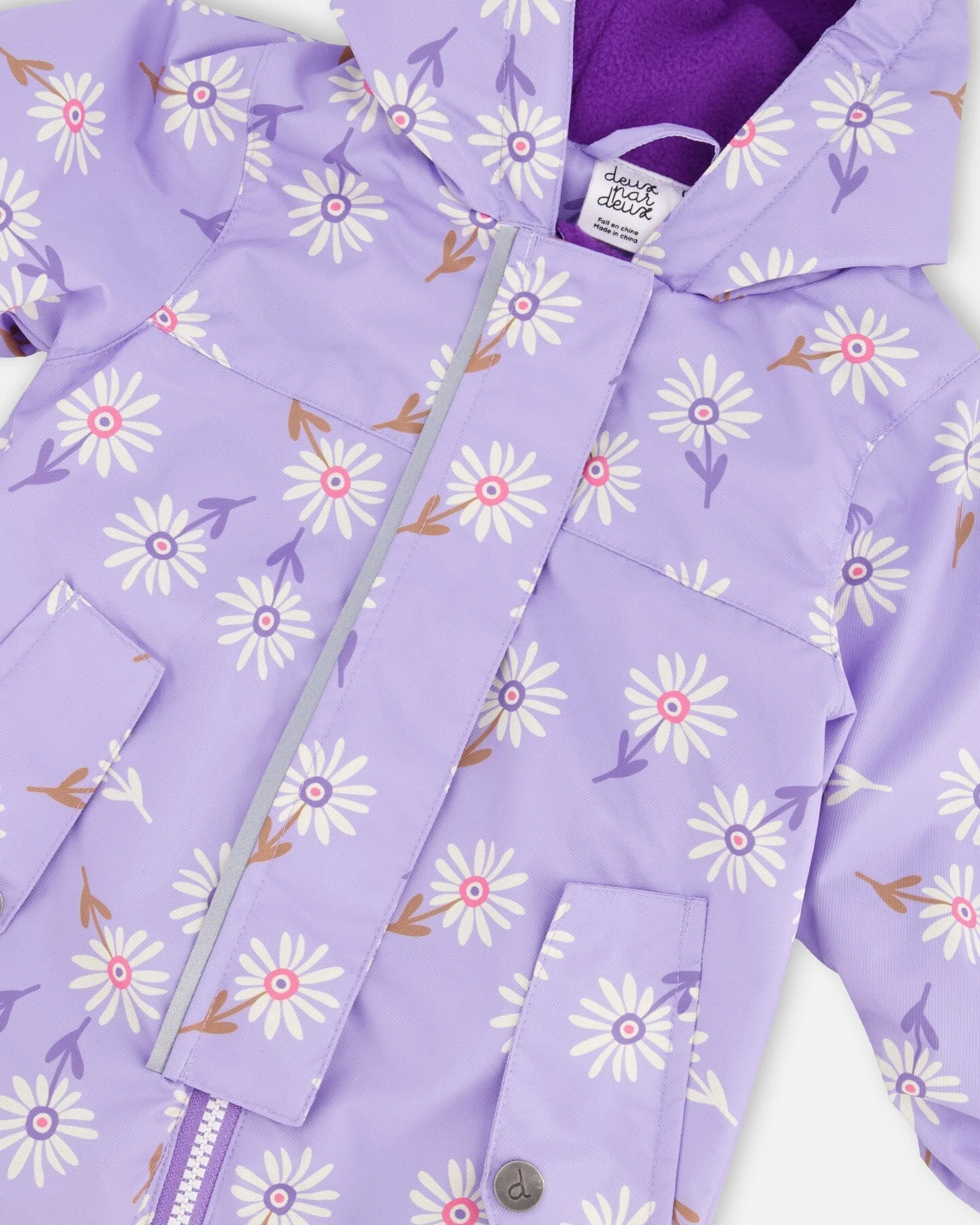 Baby Mid-Season One-Piece Outerwear With Hat Purple Daisy Print - Image 5