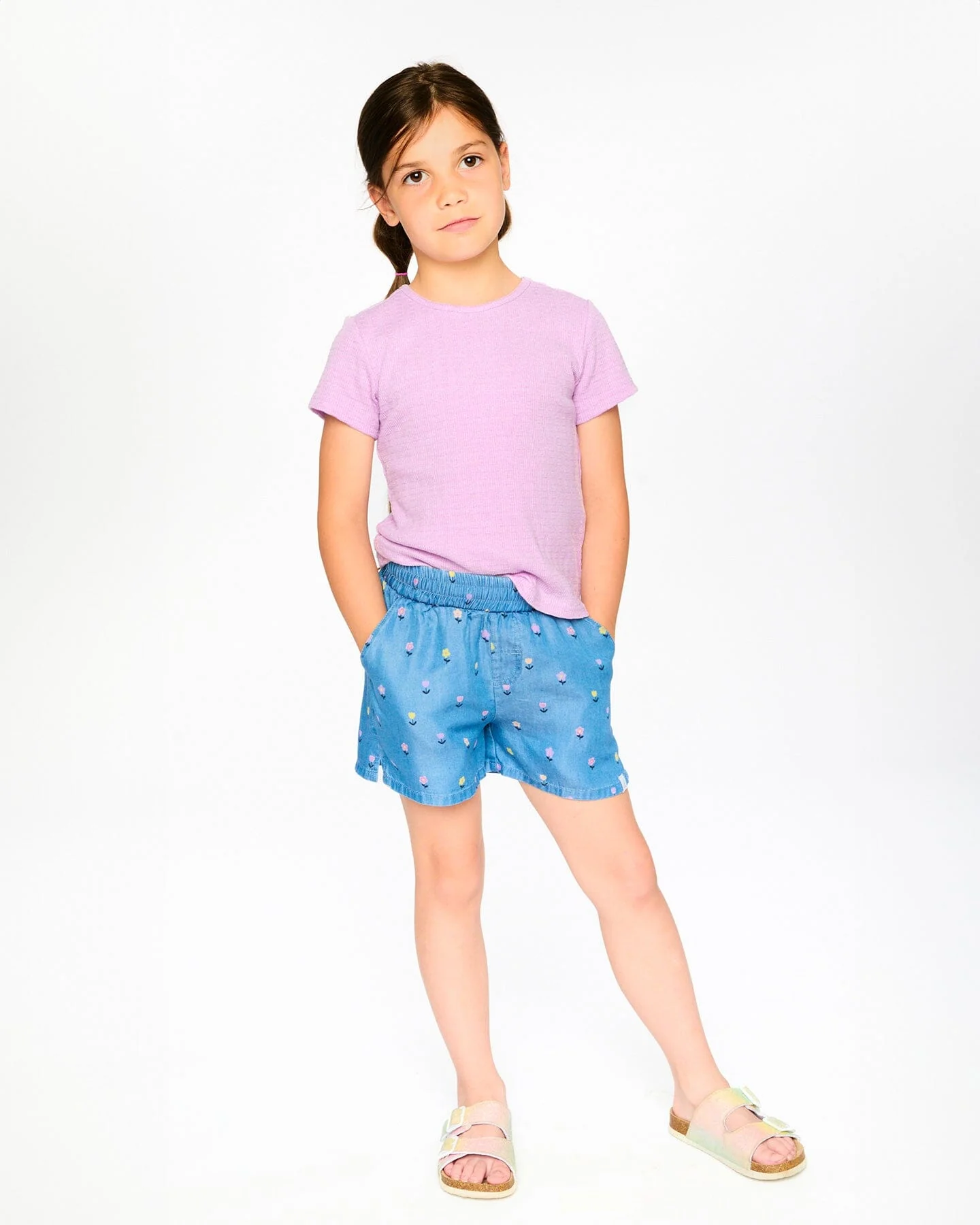 Chambray Shorts Blue Flower Print - Image 2