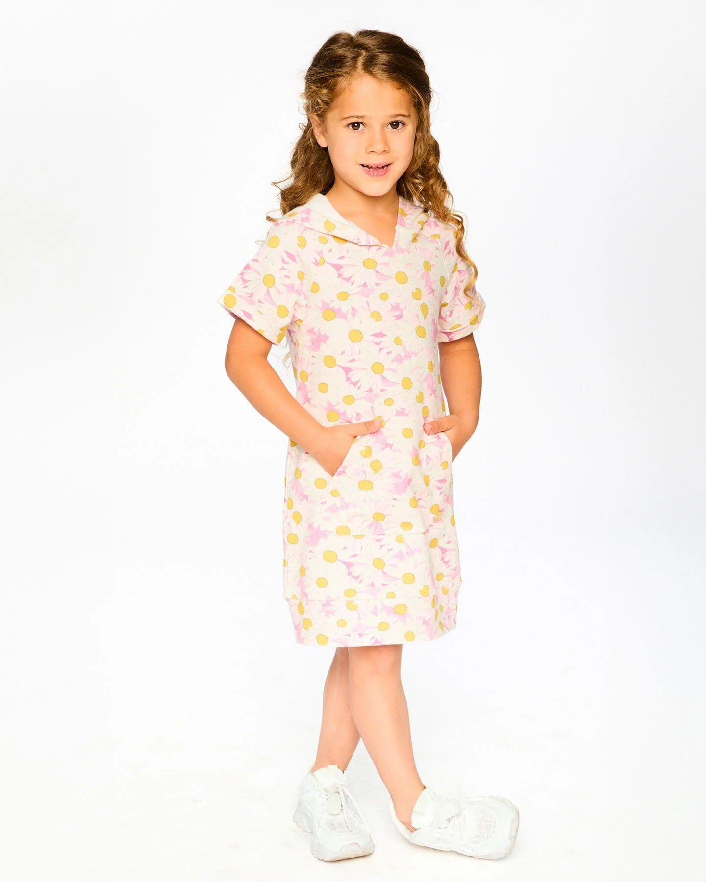 French Terry Hooded Dress Pink Printed Daisies - Image 2