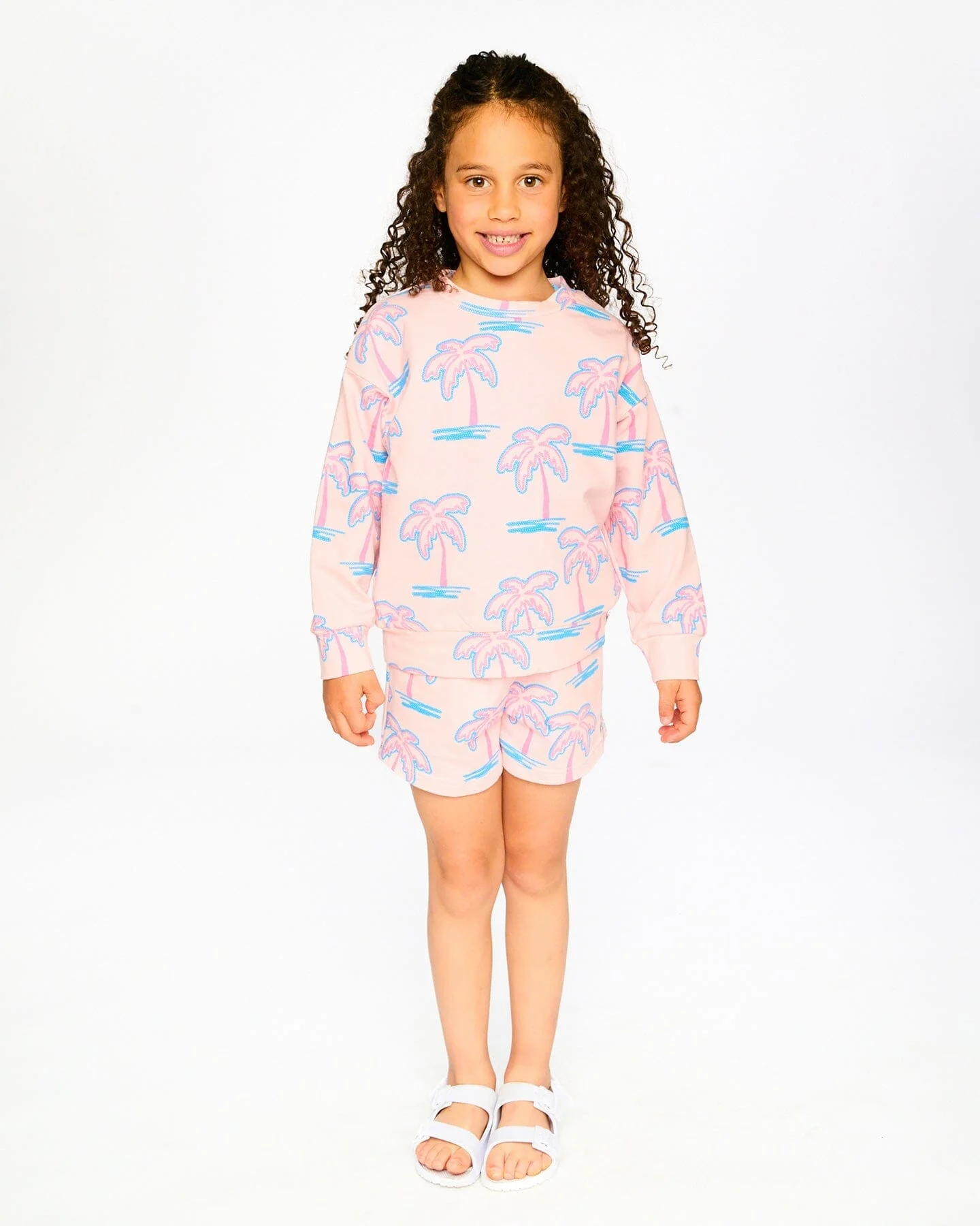 French Terry Sweatshirt Light Pink Palm Print - Image 3