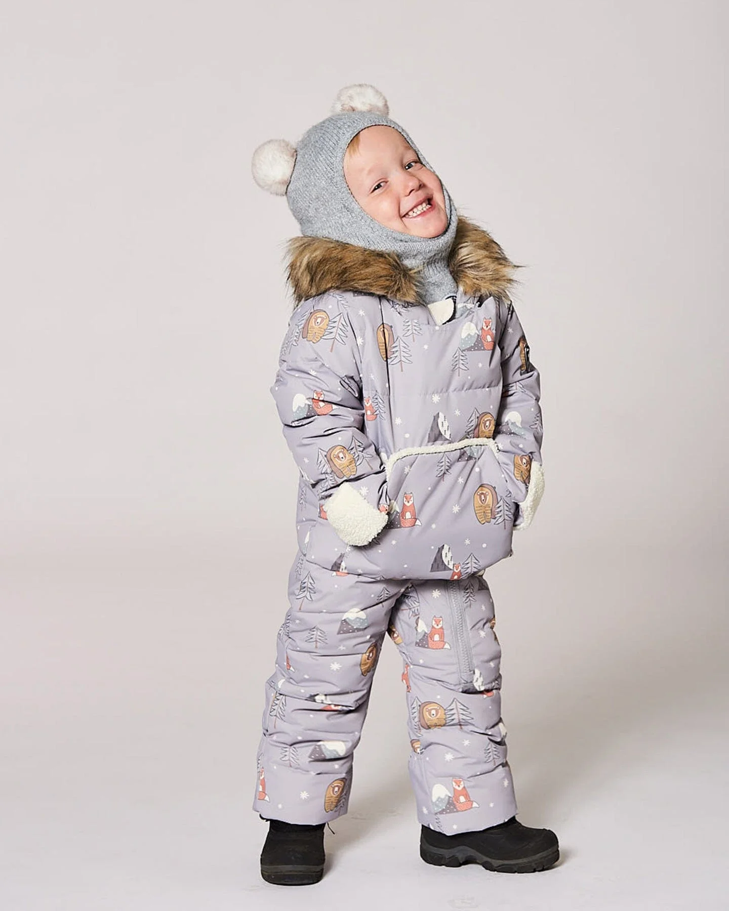 One-Piece Baby Snug Snowsuit Designed For Car Seat Gray Bear Print - Image 2