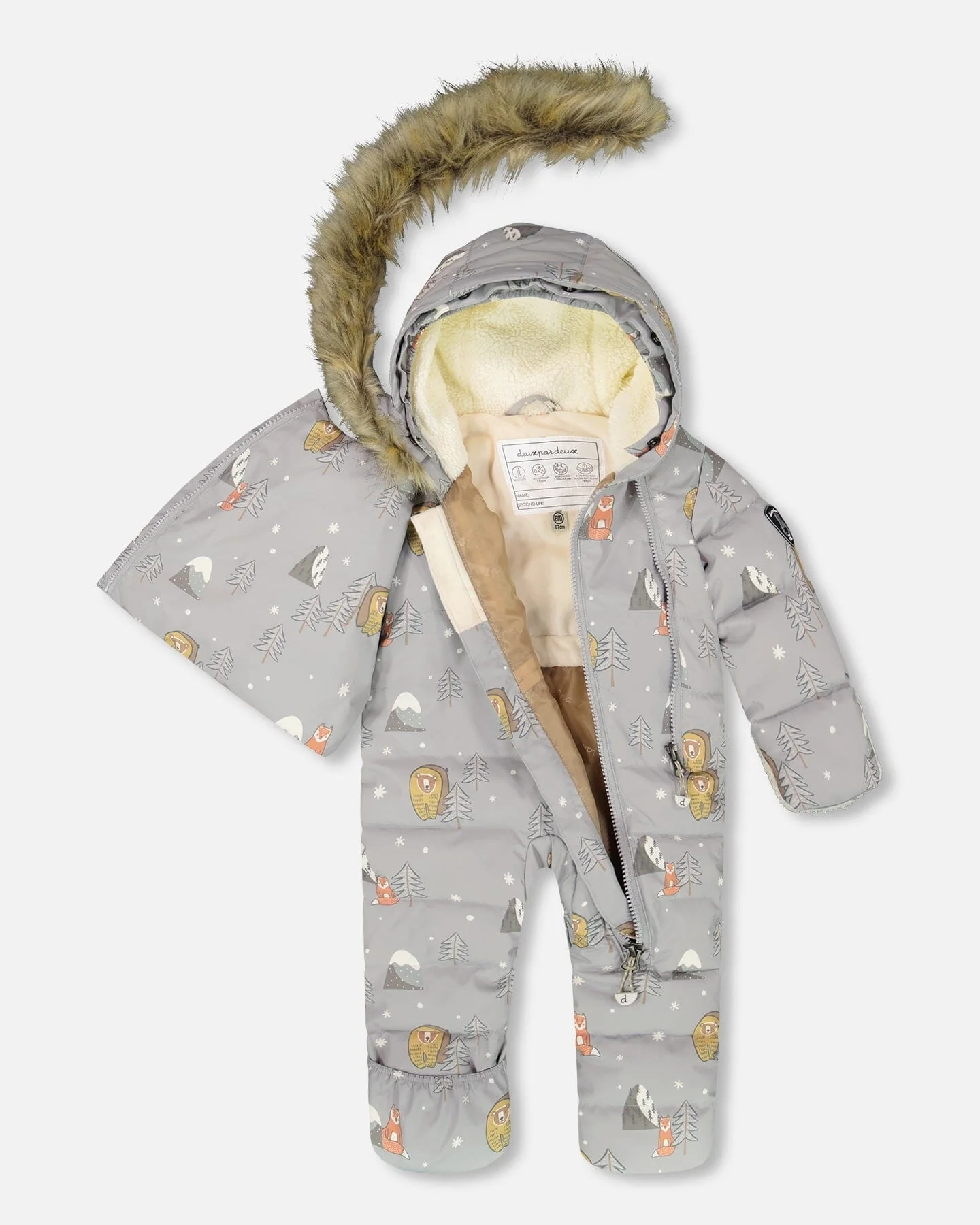 One-Piece Baby Snug Snowsuit Designed For Car Seat Gray Bear Print - Image 3