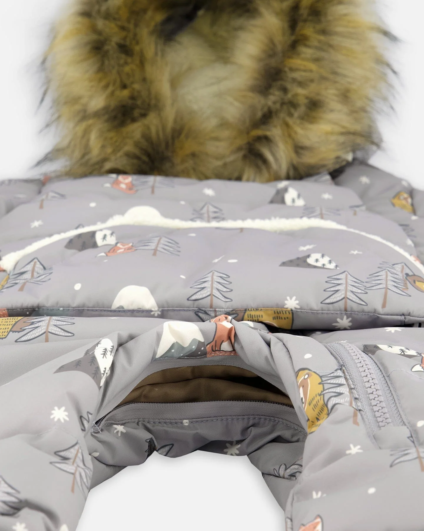 One-Piece Baby Snug Snowsuit Designed For Car Seat Gray Bear Print - Image 6