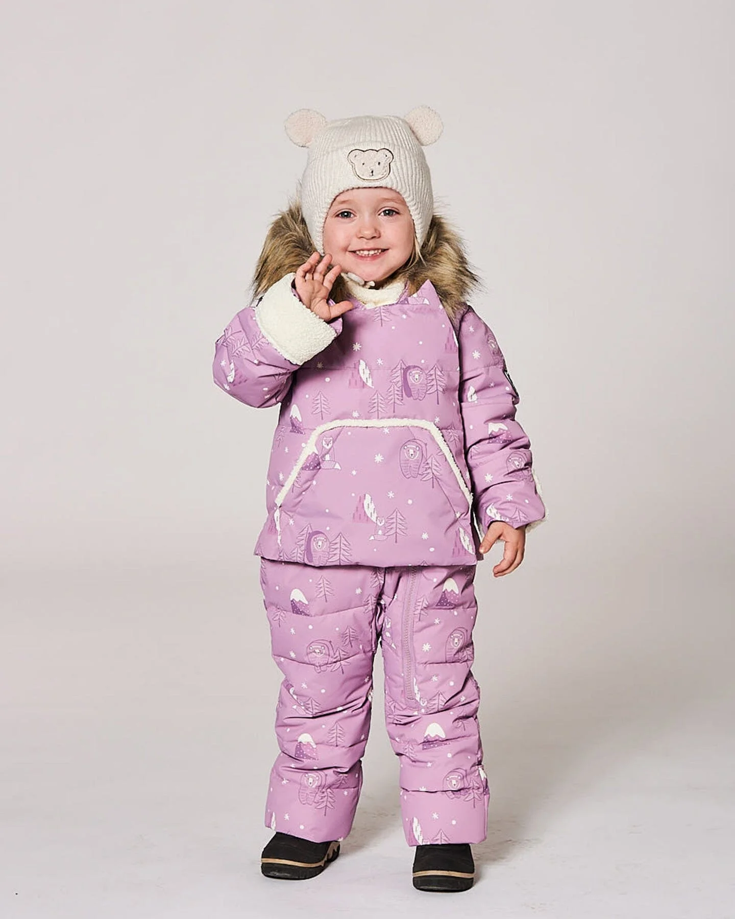 One-Piece Baby Snug Snowsuit Designed For Car Seat Purple Bear Print - Image 2