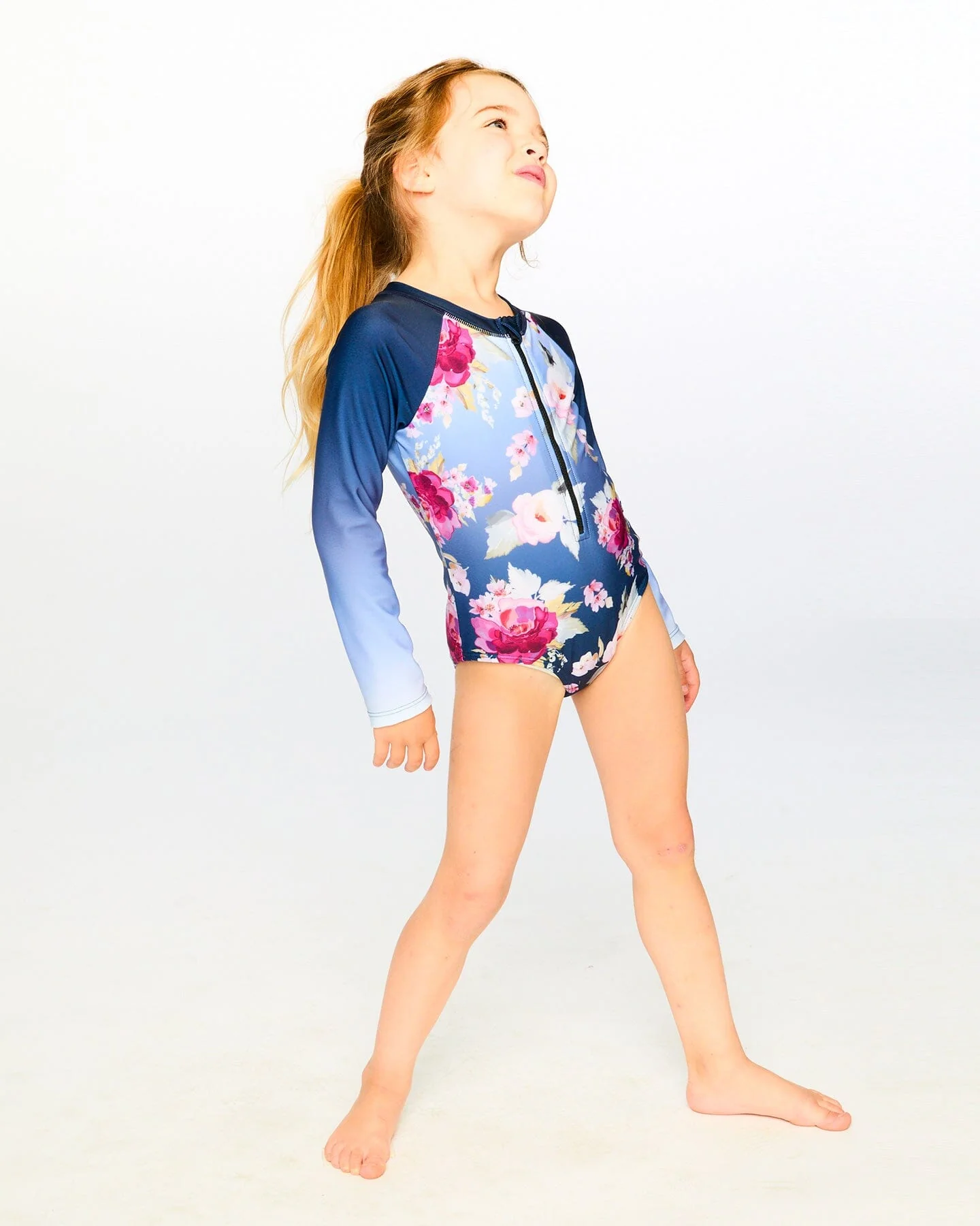 One-Piece Long Sleeve Rashguard Blue Rose Print - Image 3