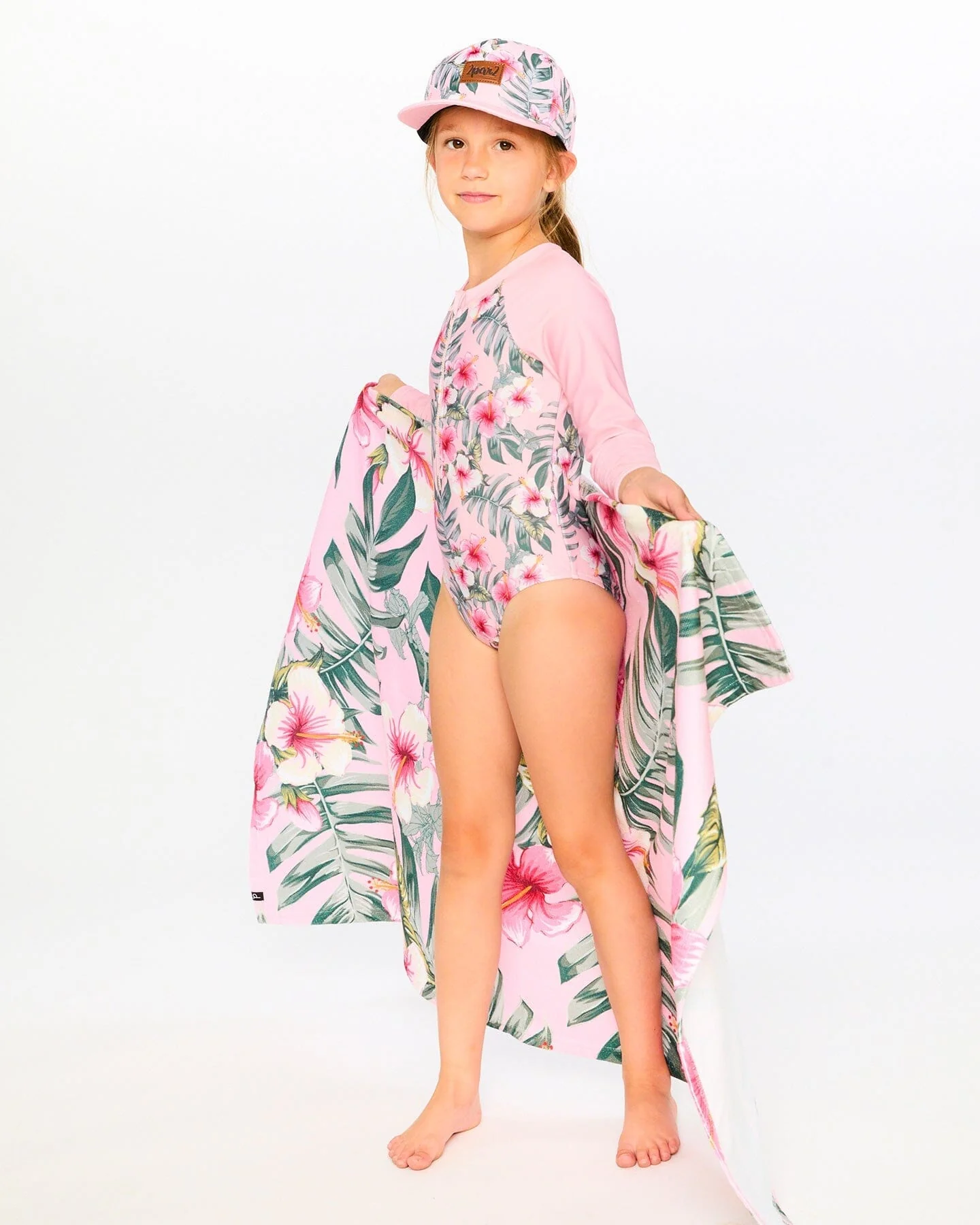 One-Piece Long Sleeve Rashguard Pink Hibiscus Print - Image 3