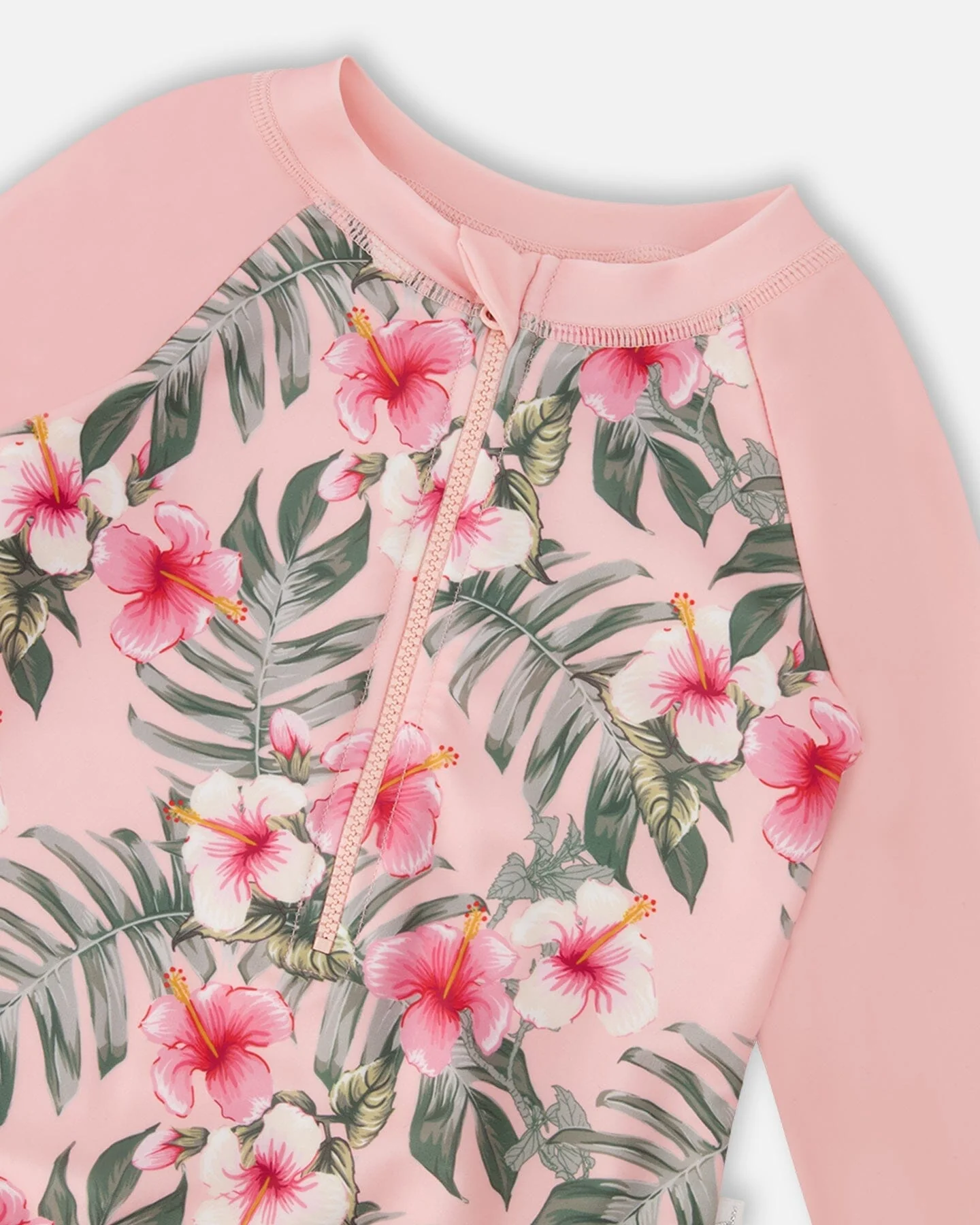 One-Piece Long Sleeve Rashguard Pink Hibiscus Print - Image 5