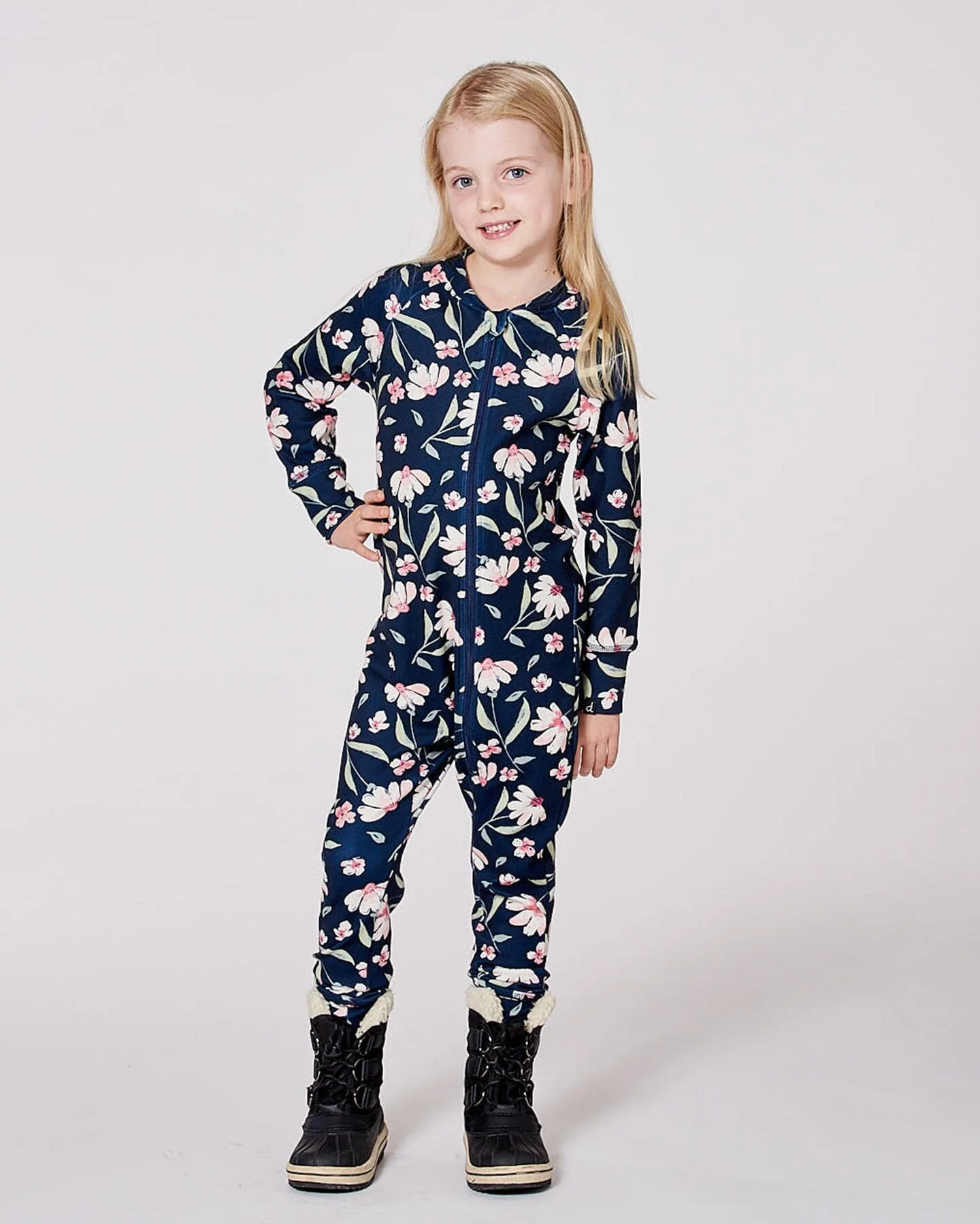 One-Piece Thermal Underwear Navy Flower Print - Image 2