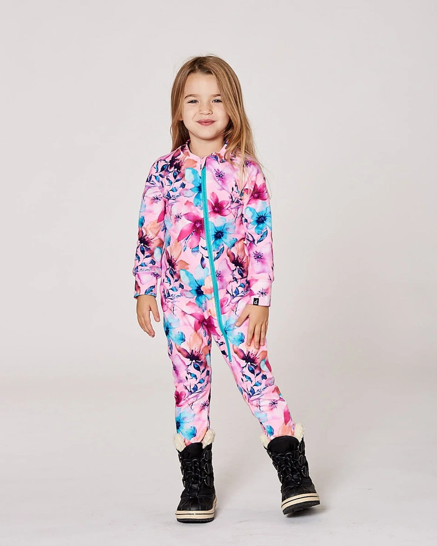 One-Piece Thermal Underwear Pink Watercolor Flower Print - Image 2