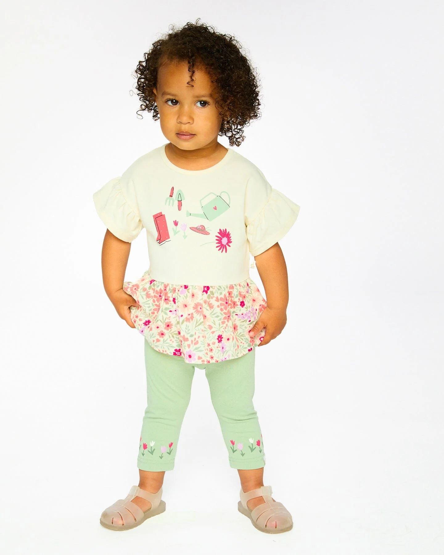 Organic Cotton Bi-Material Tunic Beige Flowers Print - Image 3