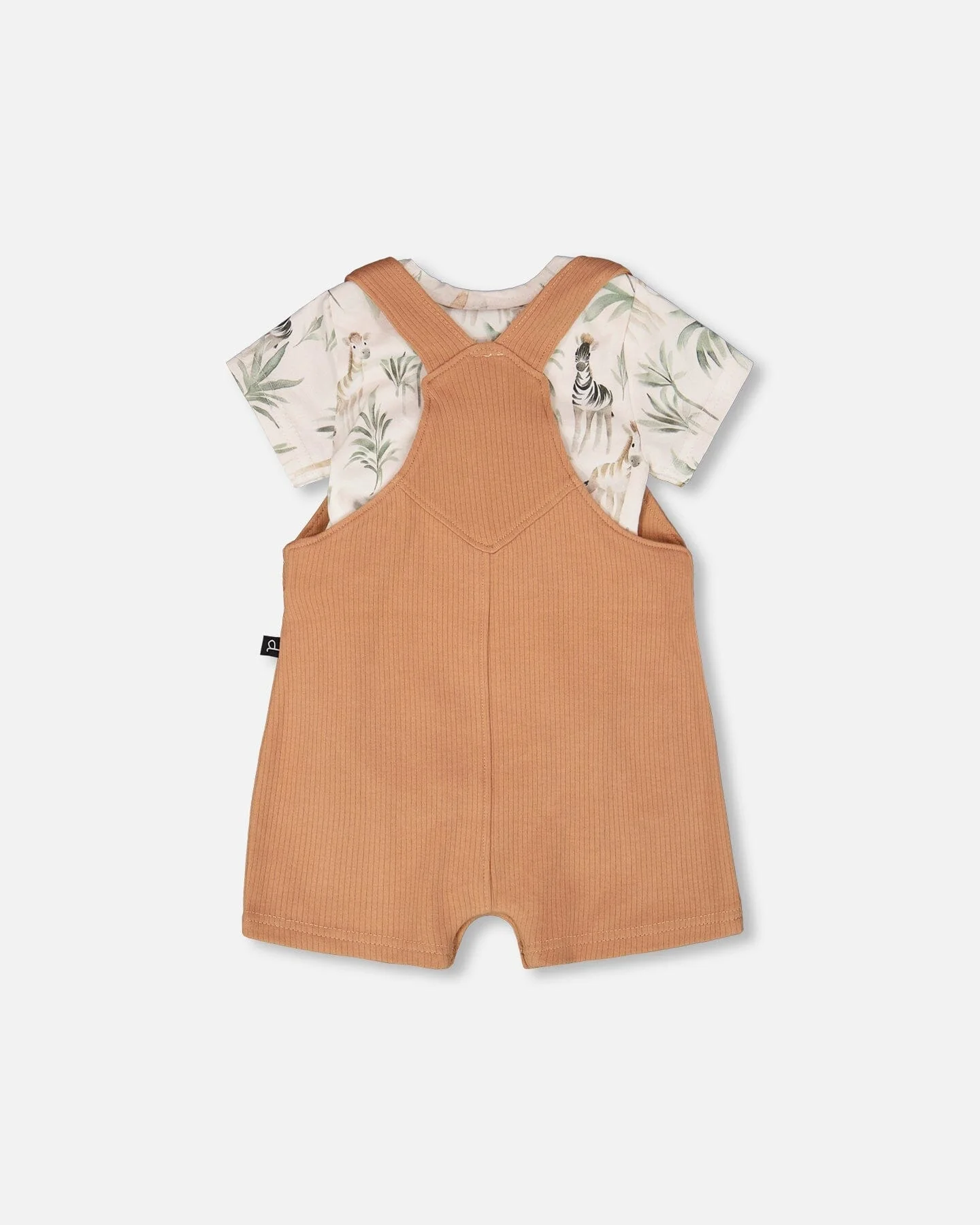 Organic Cotton Jersey Onesie And Cotton Rib Shortall Set Beige Zebra Print And Caramel - Image 3