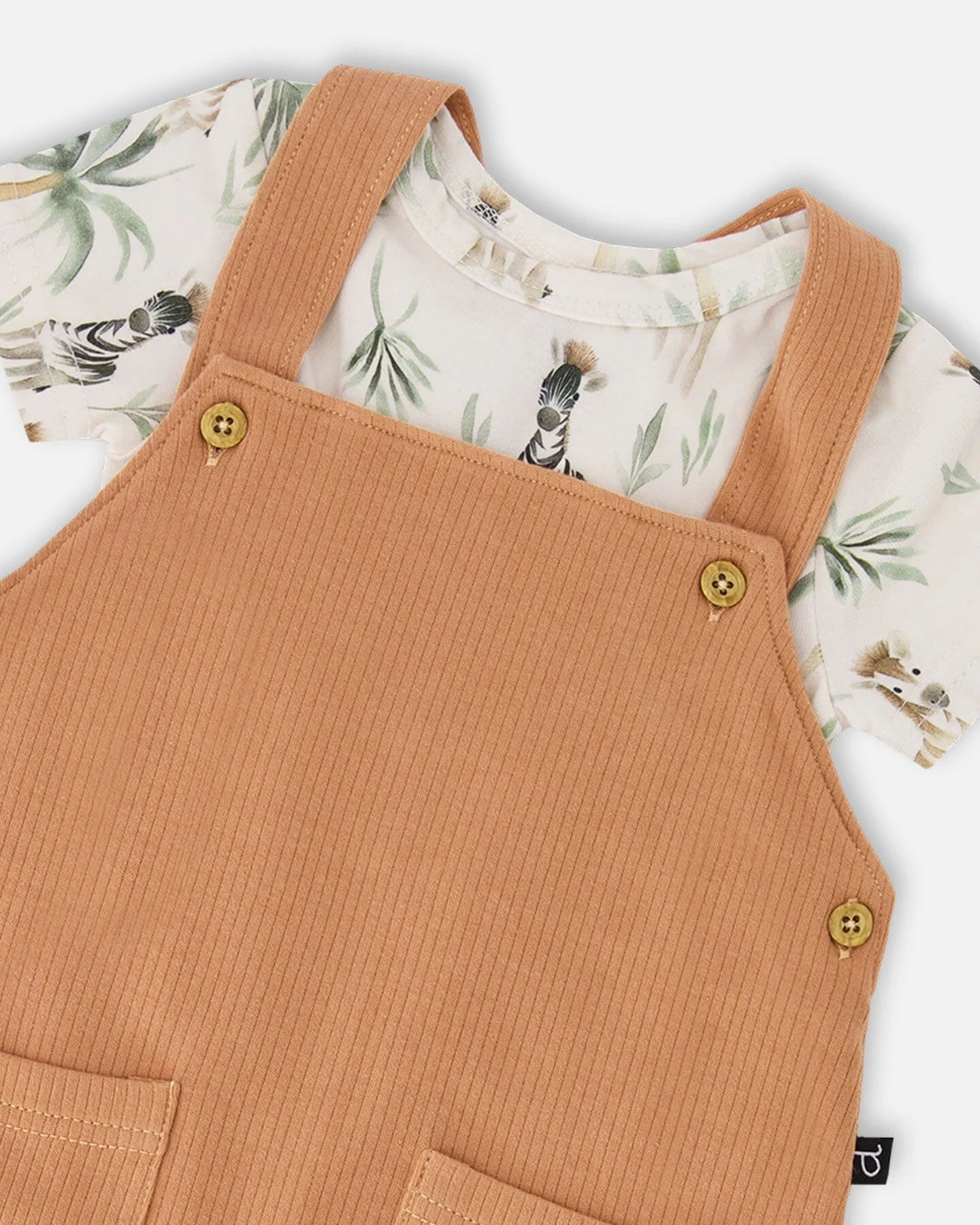 Organic Cotton Jersey Onesie And Cotton Rib Shortall Set Beige Zebra Print And Caramel - Image 4
