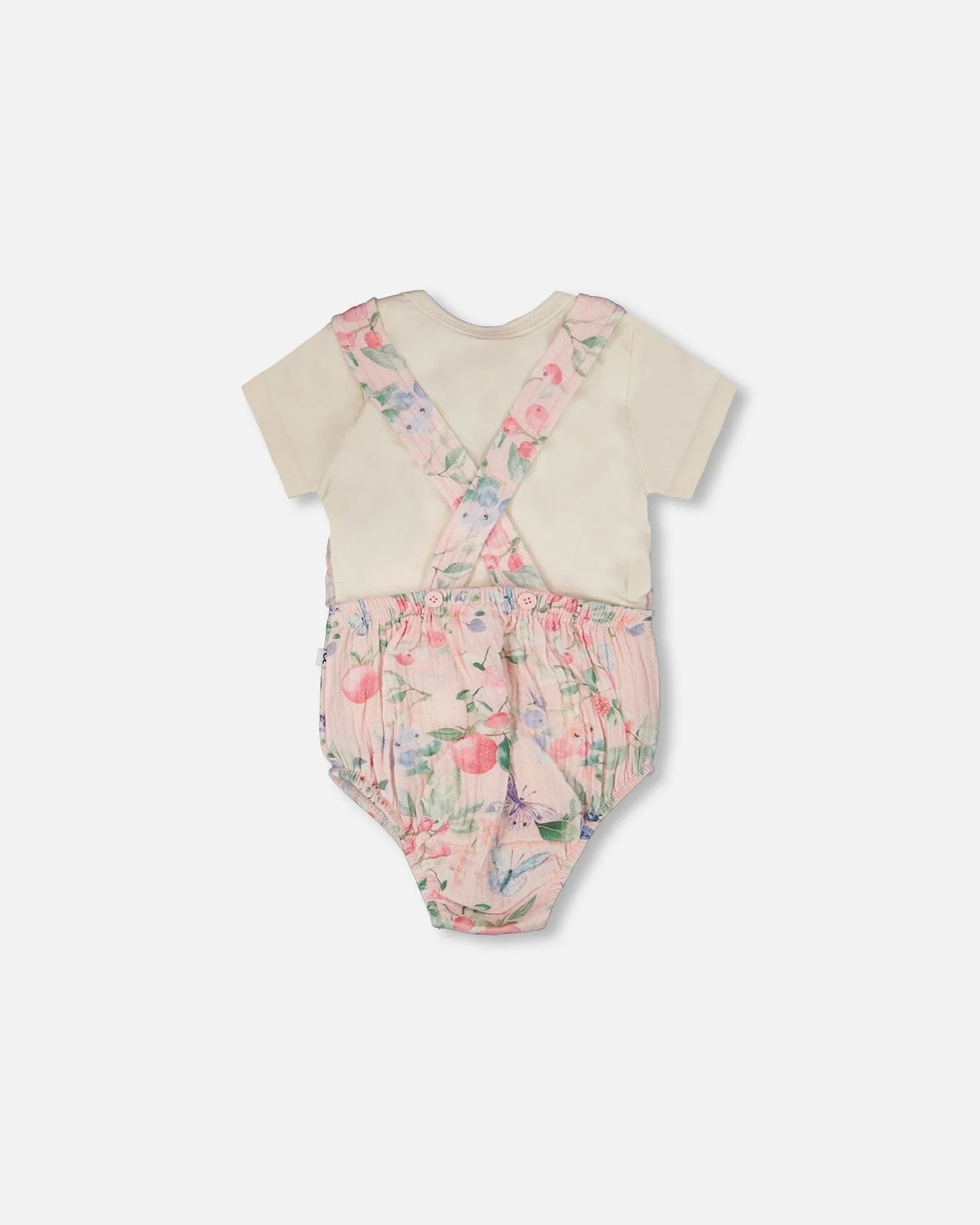 Organic Cotton Jersey Onesie And Muslin Overall Set White And Pink Printed Berries - Image 4