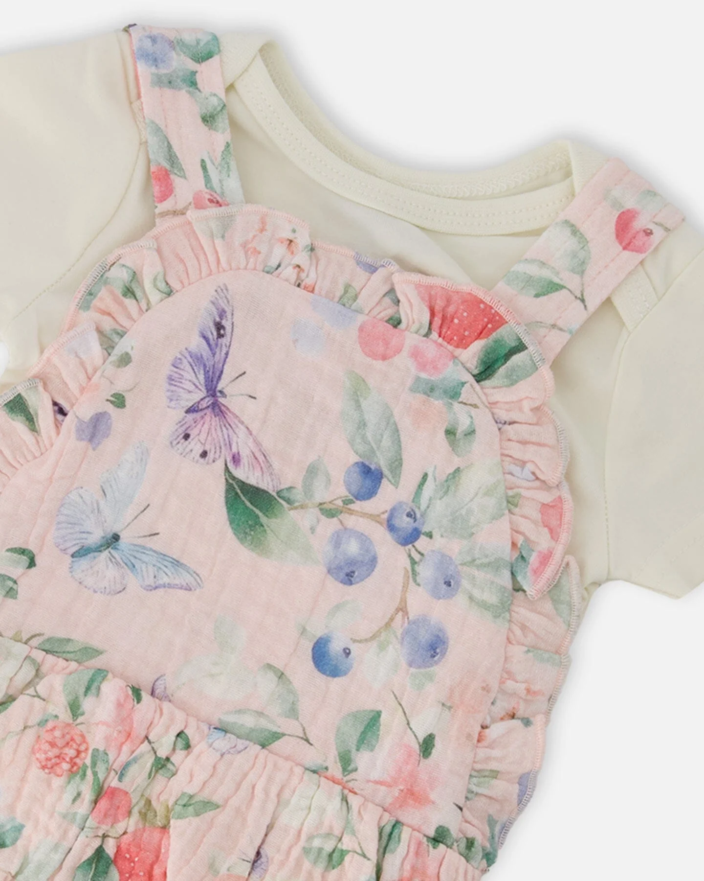 Organic Cotton Jersey Onesie And Muslin Overall Set White And Pink Printed Berries - Image 5