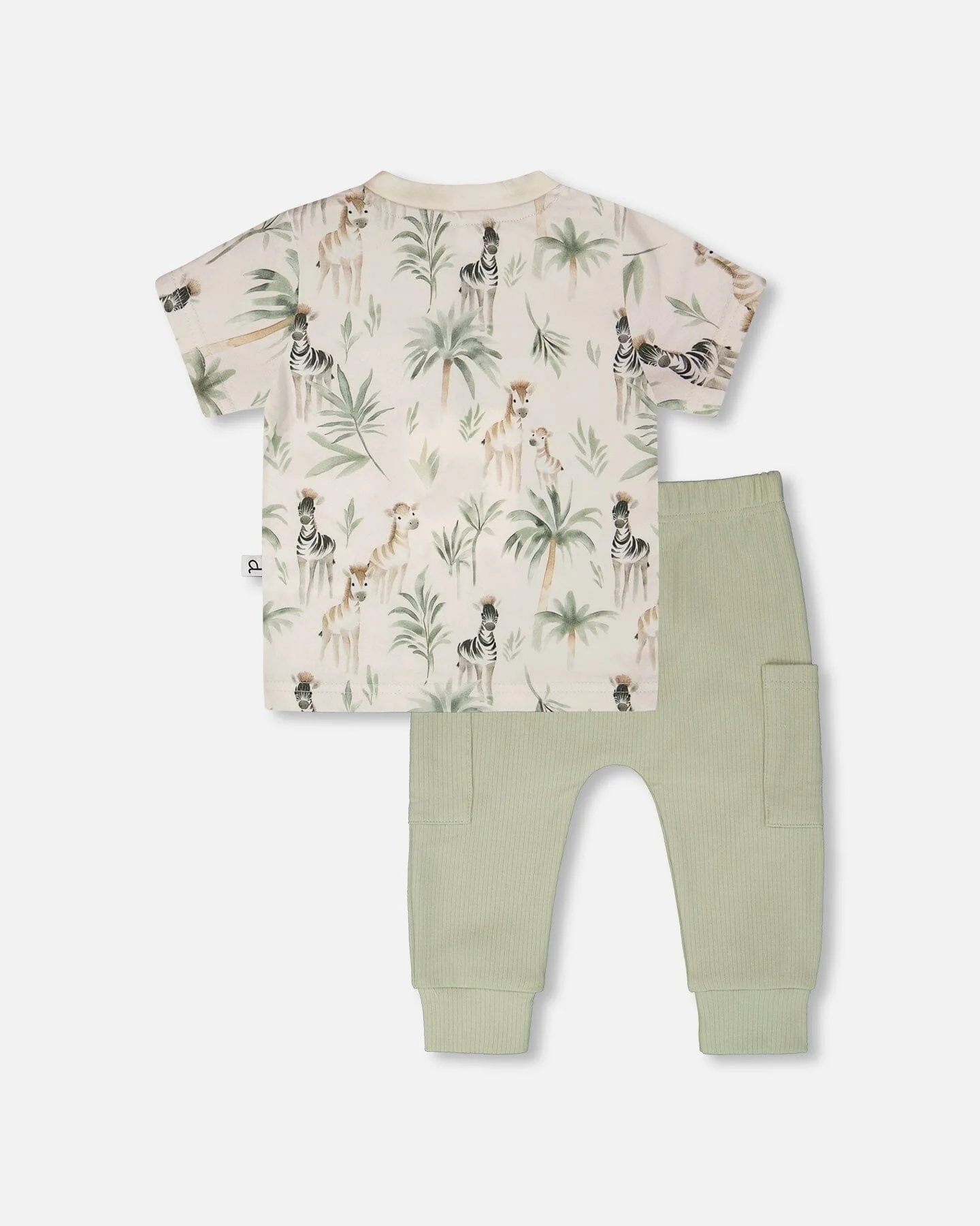 Organic Cotton Jersey T-Shirt And Cotton Rib Pants Set Beige Zebra Print And Sage Green - Image 3