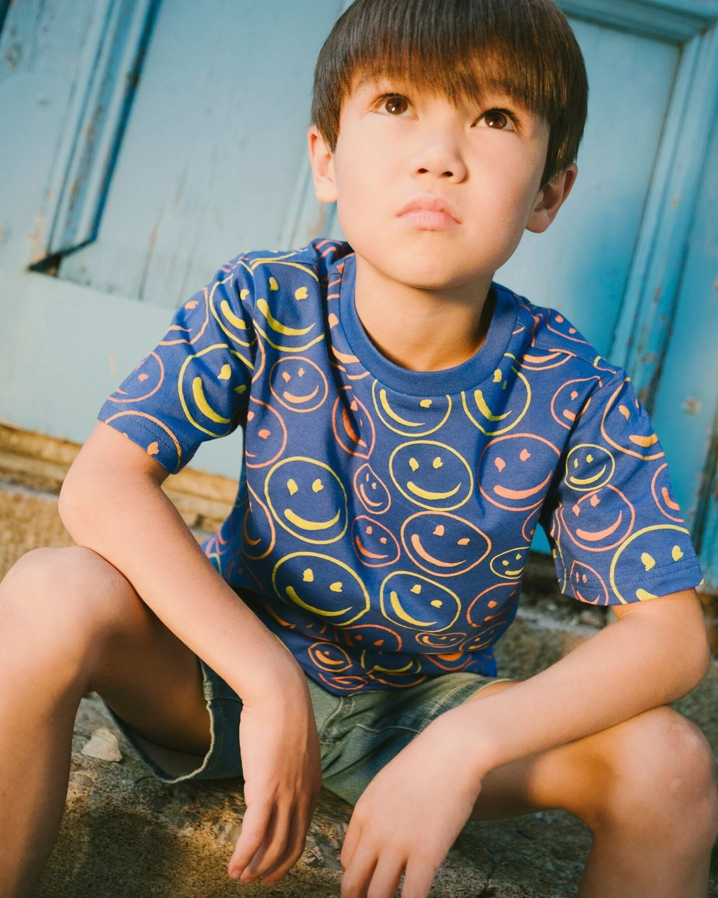 Organic Cotton Jersey T-Shirt Blue Smiley Print - Image 2