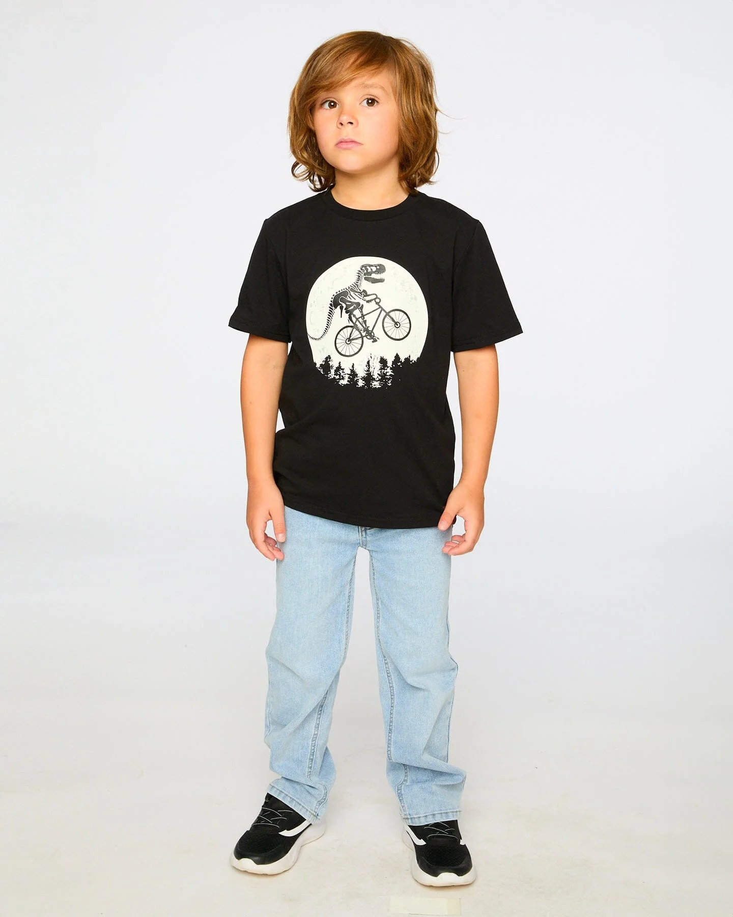 Glow In The Dark Organic Cotton Jersey T-Shirt With Dino On Bike Print Black - Image 3