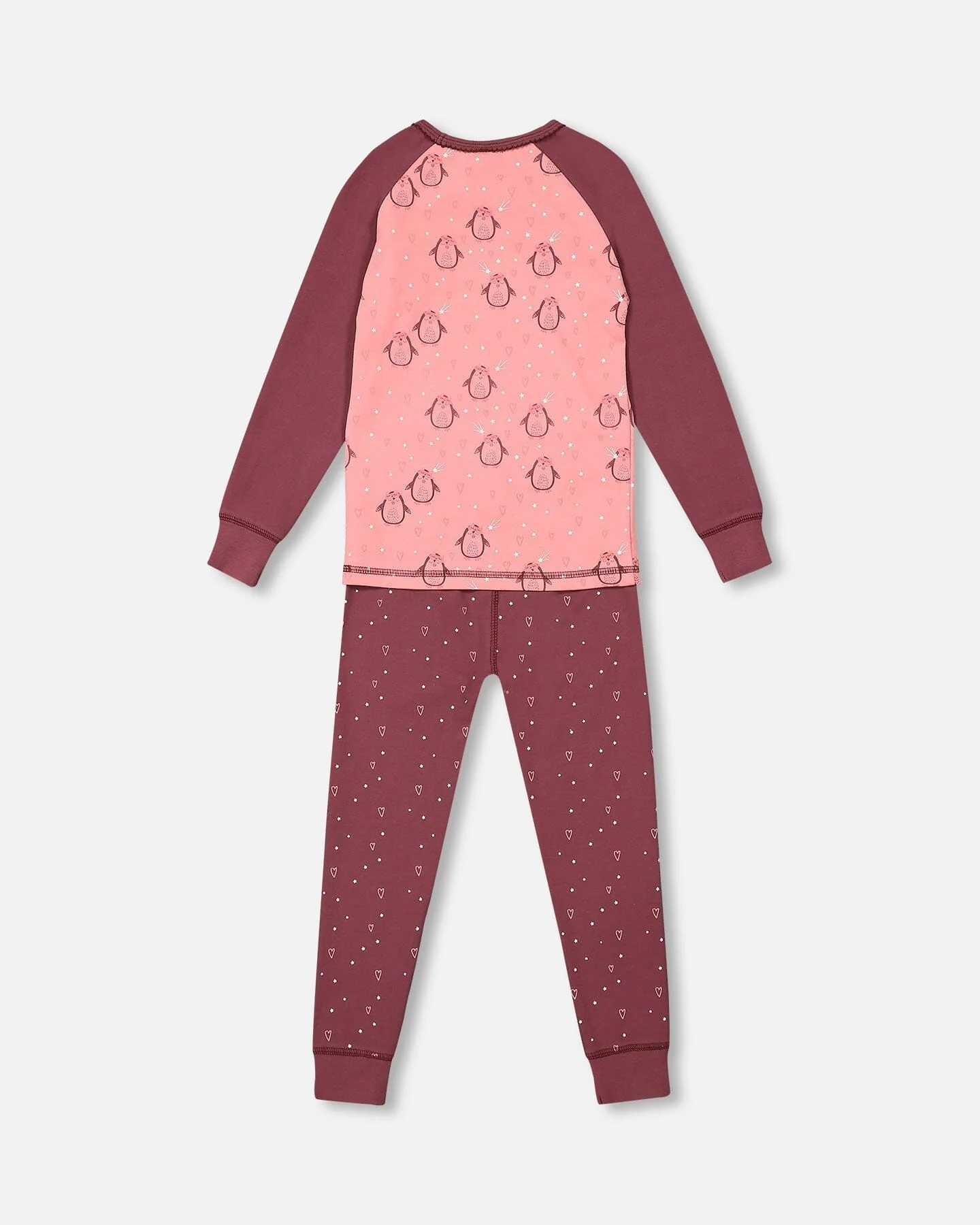 Organic Cotton Long Sleeve Two Piece Printed Penguins Pajama Set Pink - Image 3