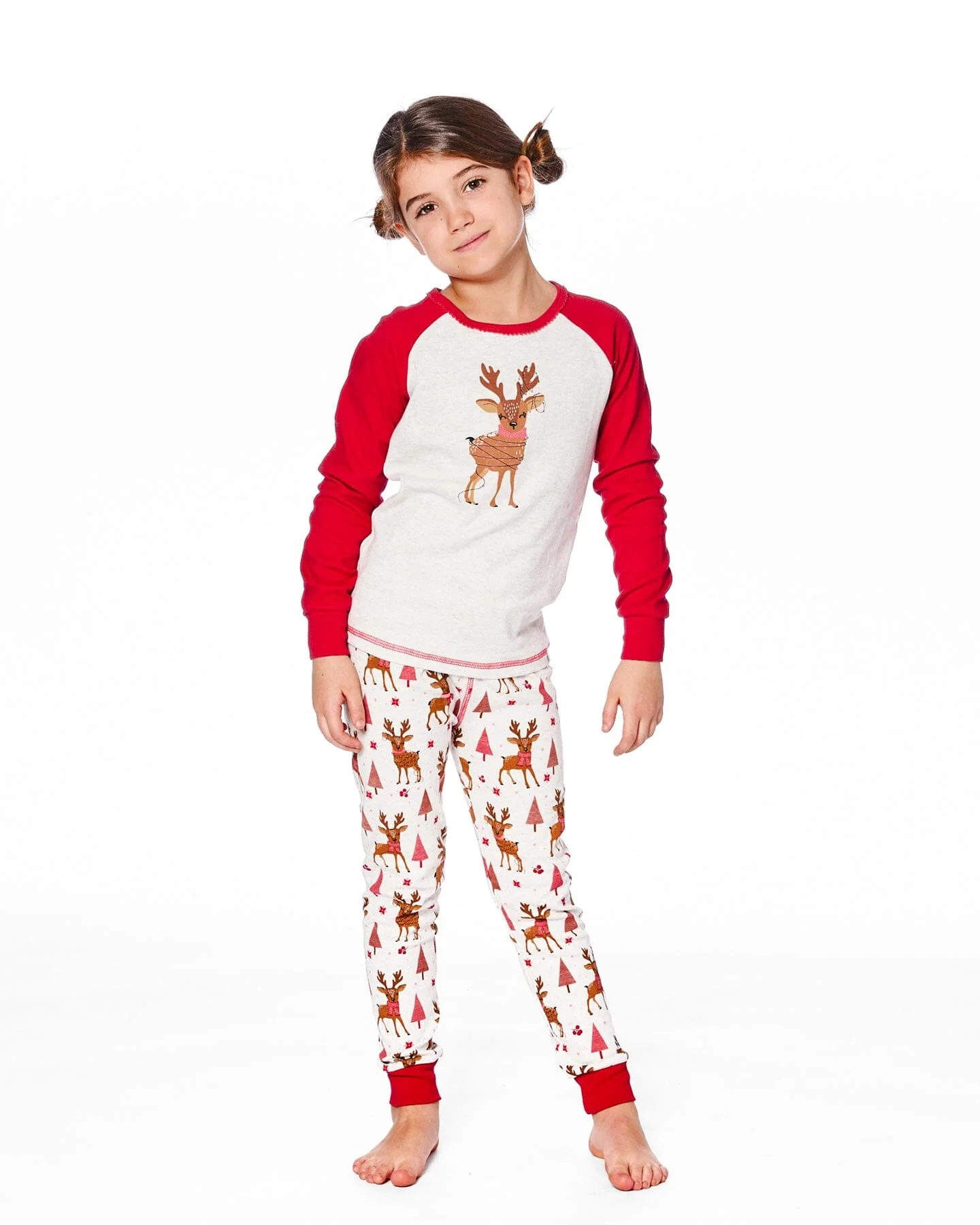 Organic Cotton Two-Piece Pajamas Beige Girly Reindeer Print - Image 2