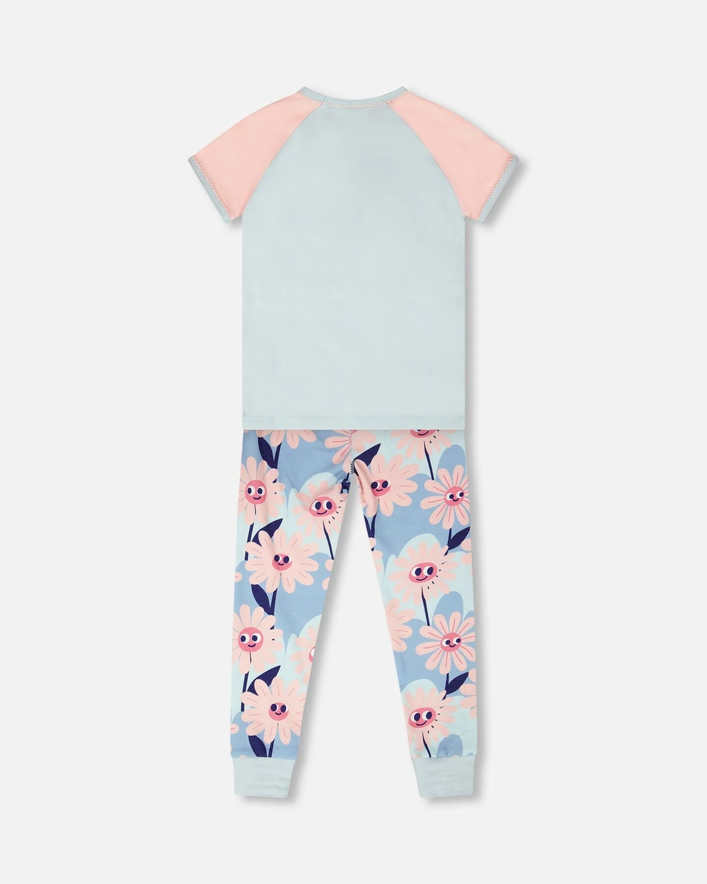 Organic Cotton Two-Piece Pyjama Set Blue Smiling Flower Print - Image 3
