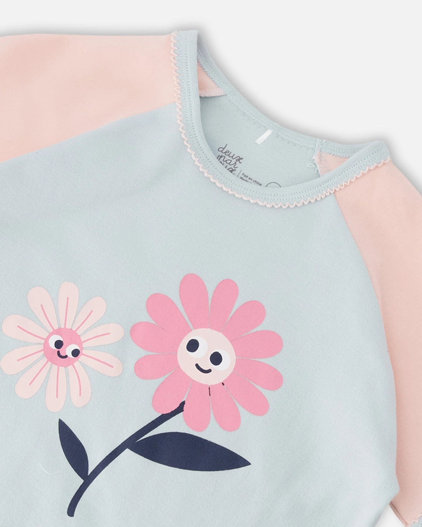 Organic Cotton Two-Piece Pyjama Set Blue Smiling Flower Print - Image 4