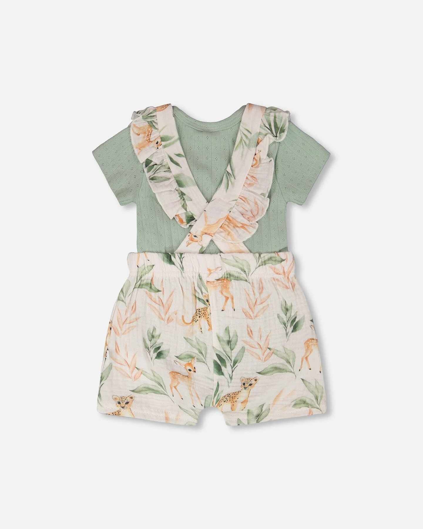 Pointelle Onesie And Cotton Muslin Shortall Set Green And Peach Deer Print - Image 3