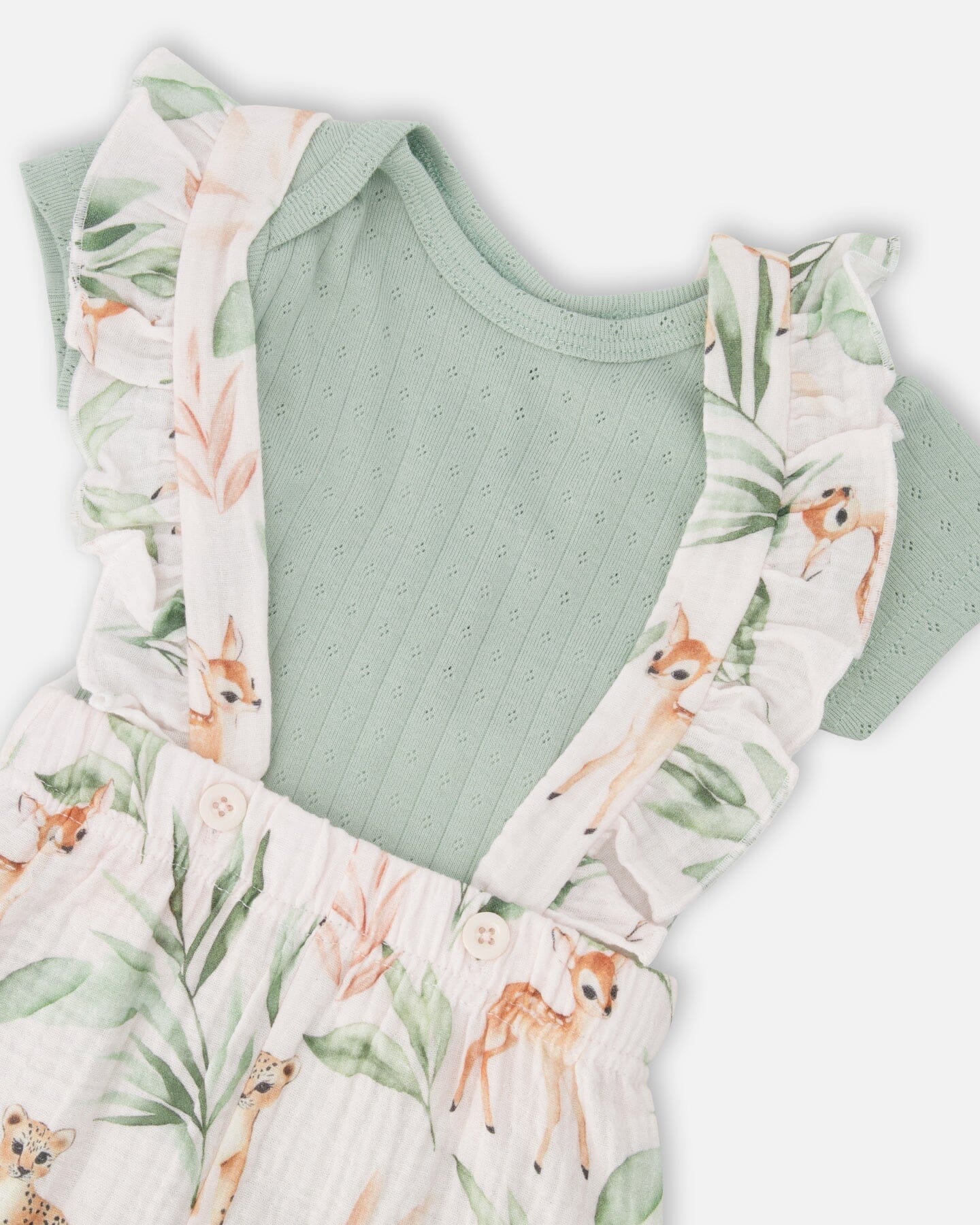 Pointelle Onesie And Cotton Muslin Shortall Set Green And Peach Deer Print - Image 4