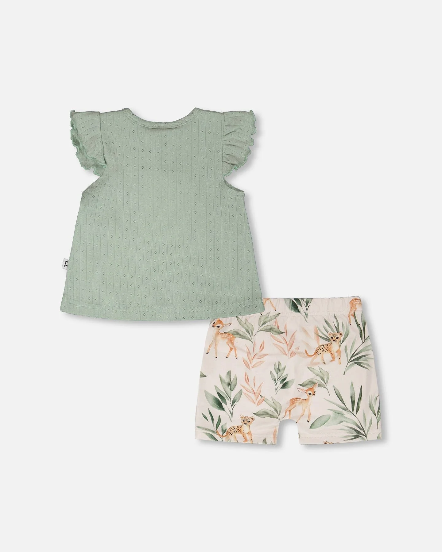 Pointelle Top And Organic Cotton Jersey Short Set Green And Peach Deer Print - Image 3