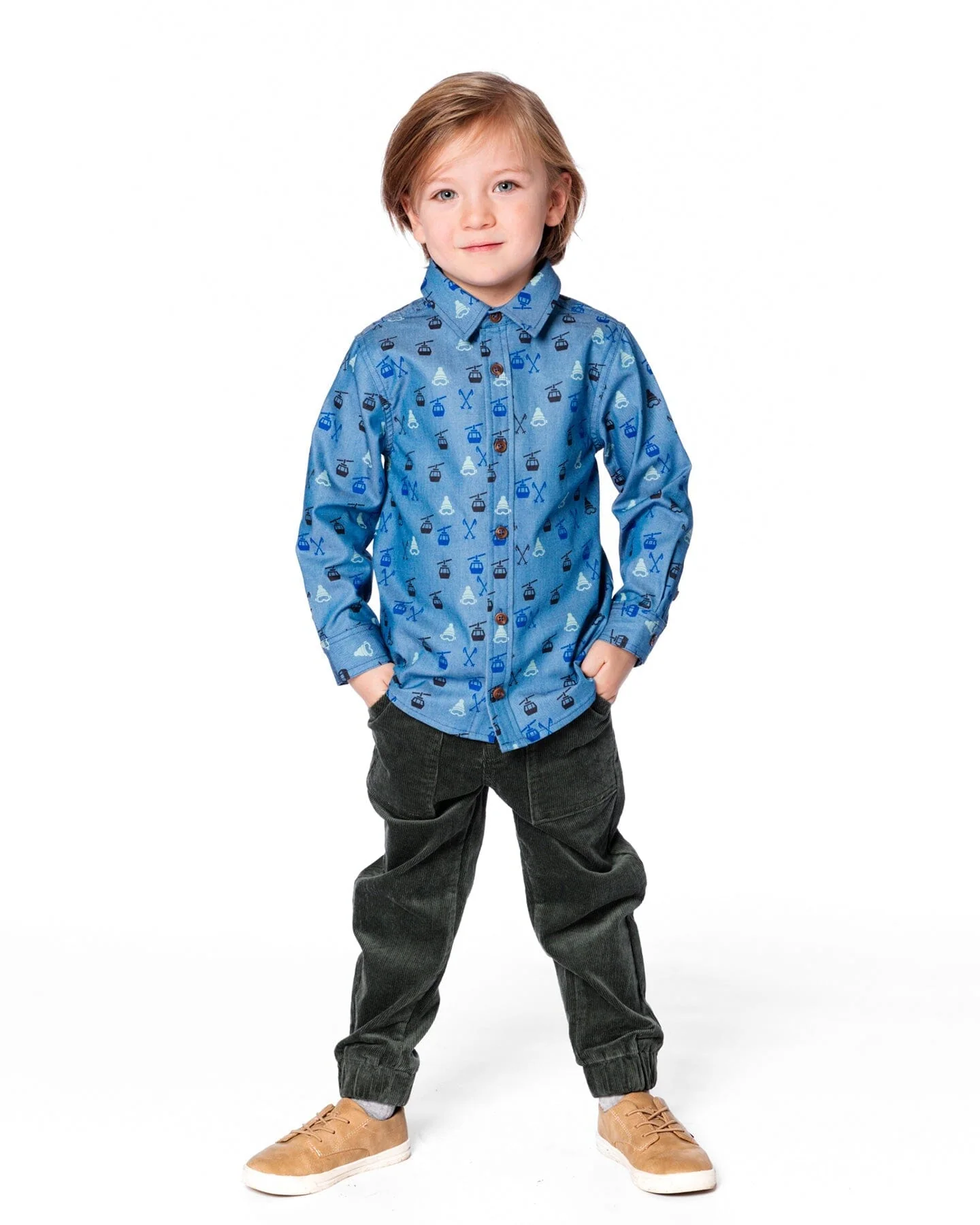 Printed Long Sleeve Button Front Chambray Shirt Blue - Image 3