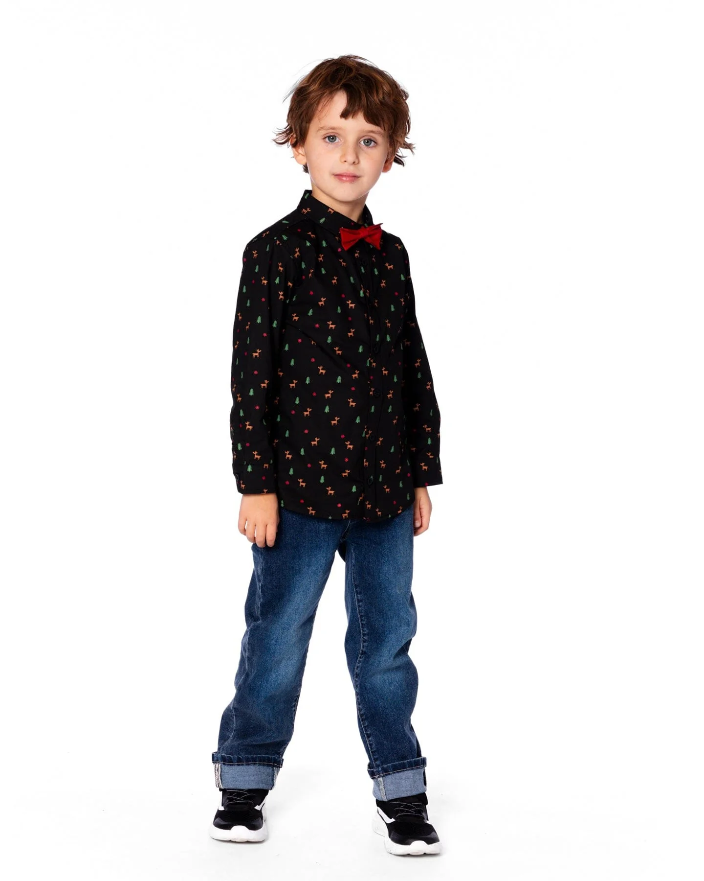 Printed Poplin Shirt Black And Multicolor With Bow Tie - Image 2