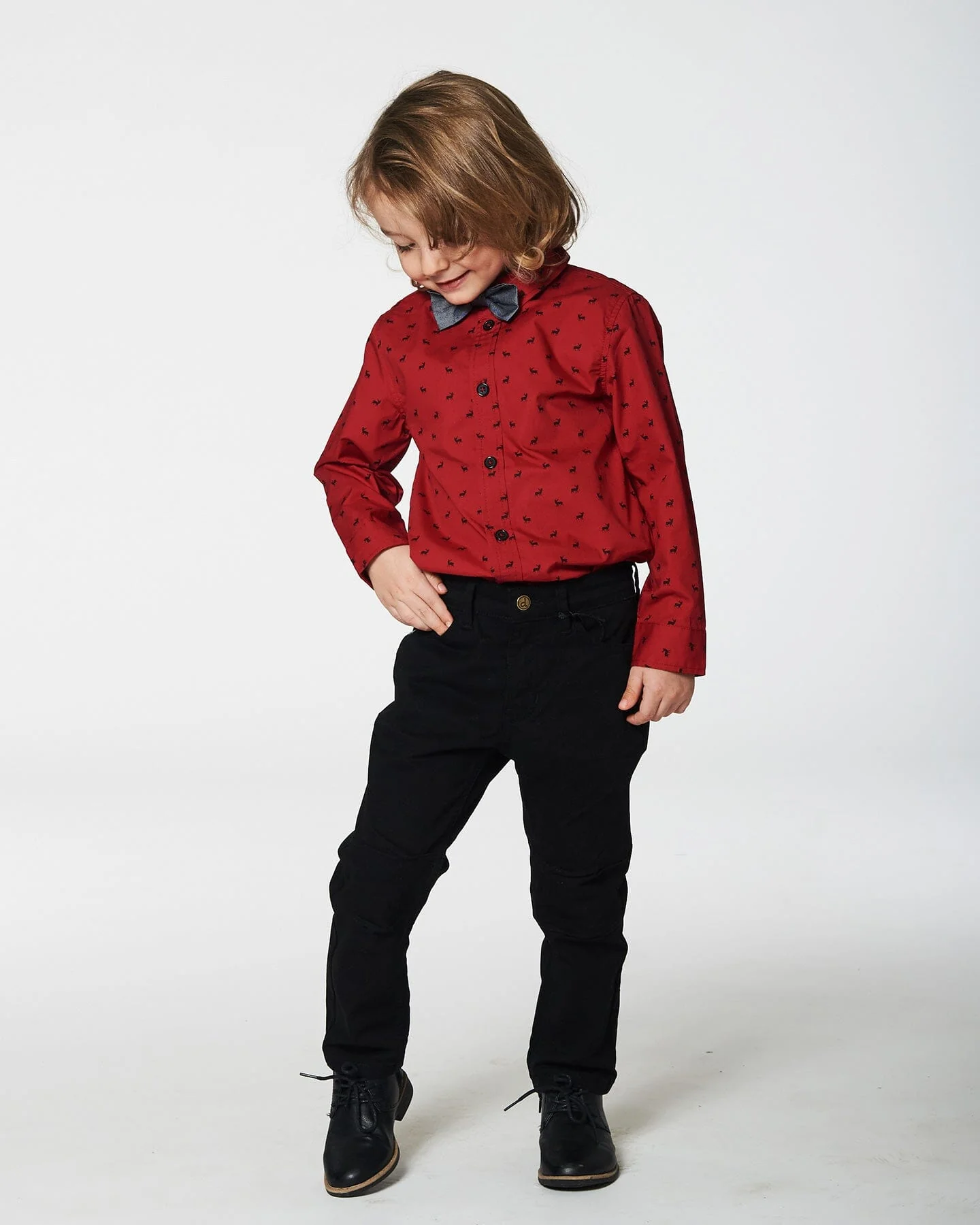 Printed Reindeer Poplin Shirt With Bow Tie Red - Image 4