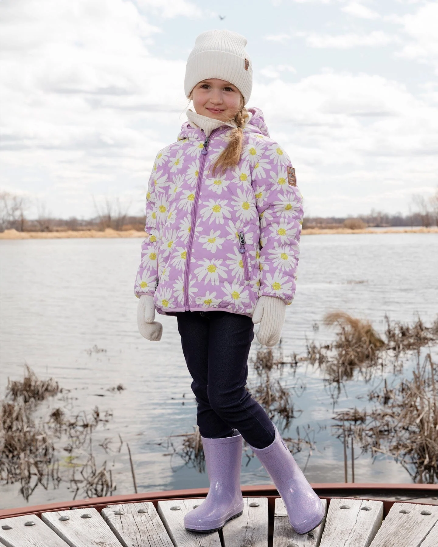 Quilted Mid-Season Jacket Purple Daisy Print - Image 3