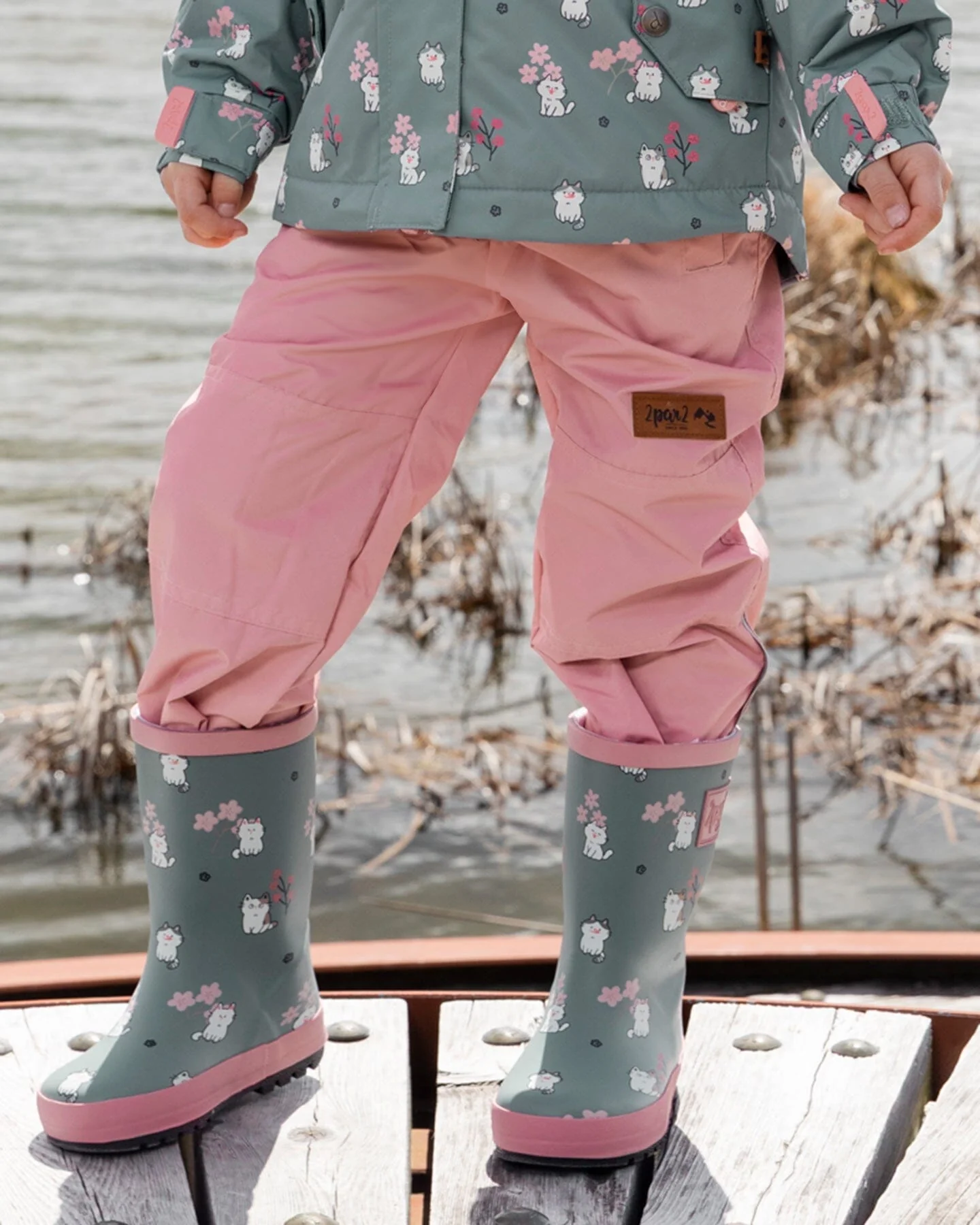 Rain Boots In Natural Rubber Green Cat Print - Image 2