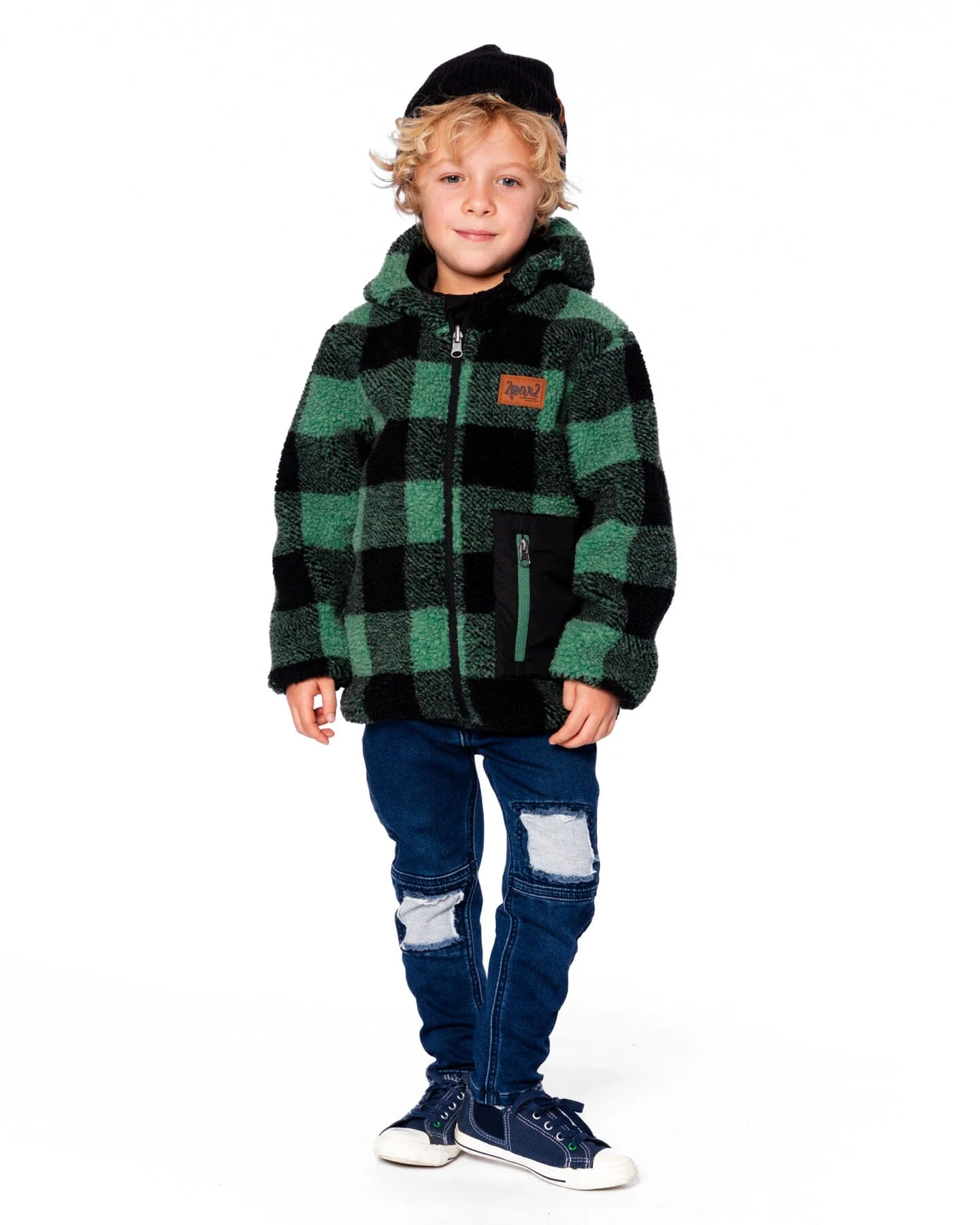 Reversible Mid-Season Sherpa Jacket Teal Plaid - Image 3