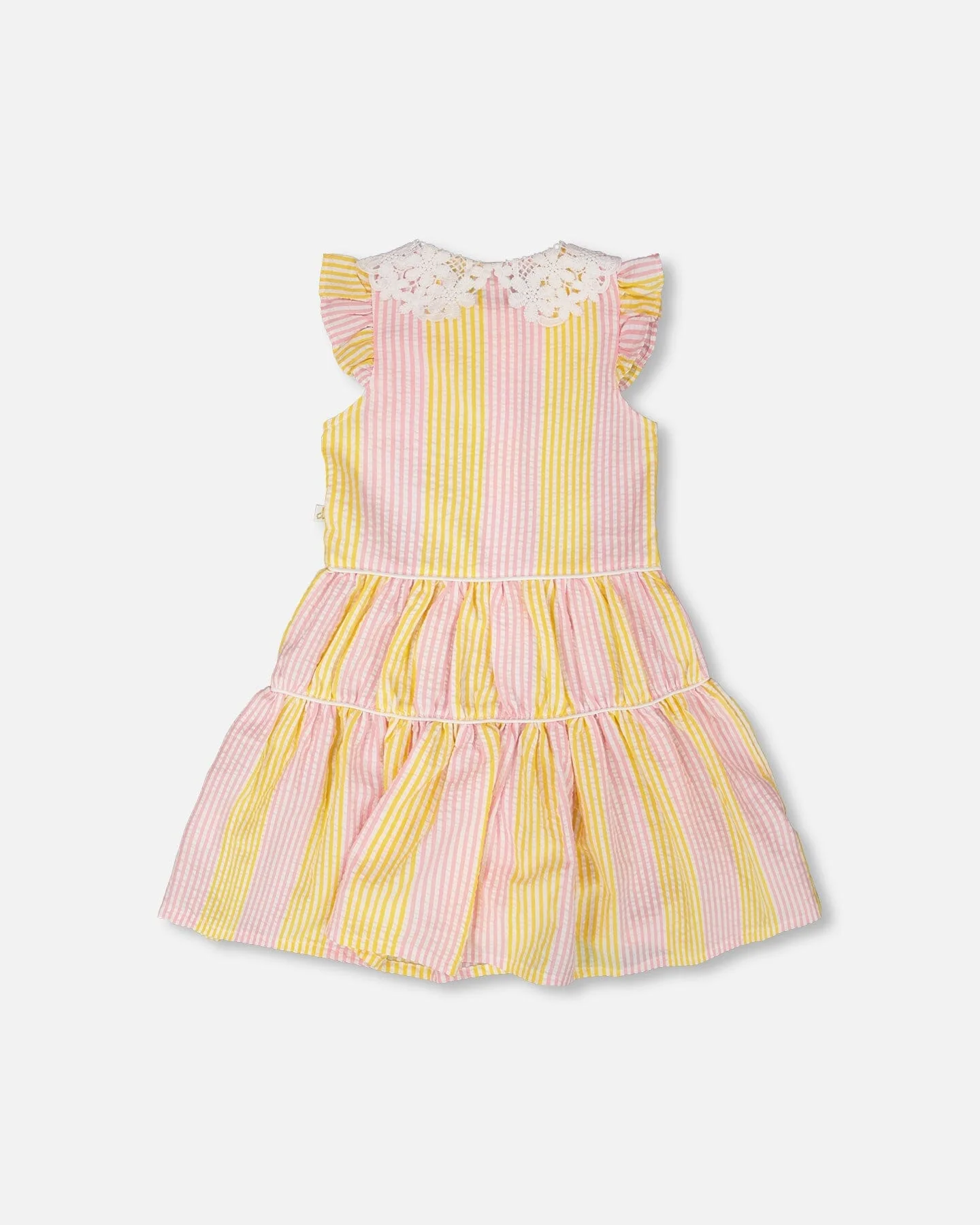 Sleeveless Dress With Crochet Peter Pan Collar Pink And Yellow Stripes - Image 2
