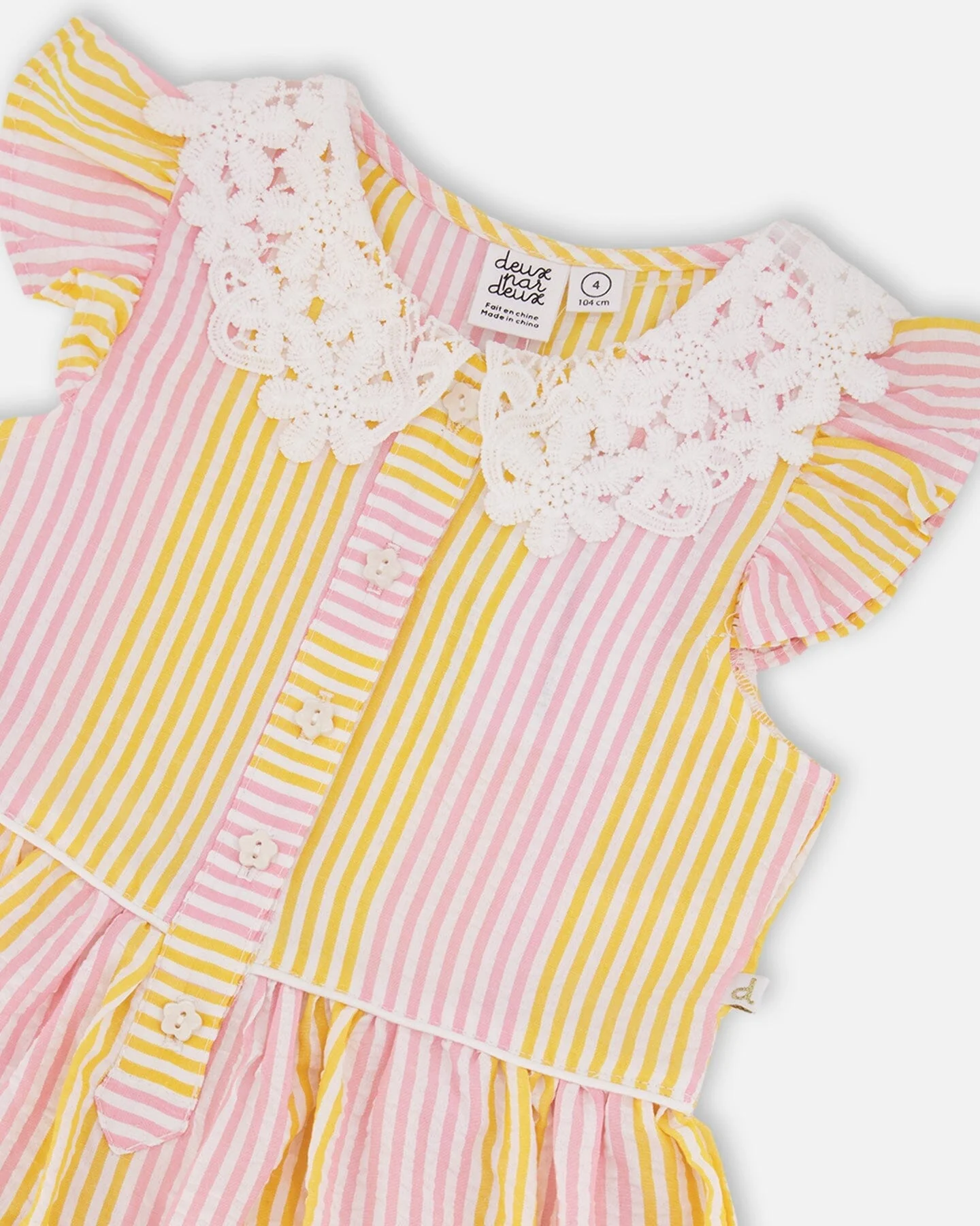 Sleeveless Dress With Crochet Peter Pan Collar Pink And Yellow Stripes - Image 3