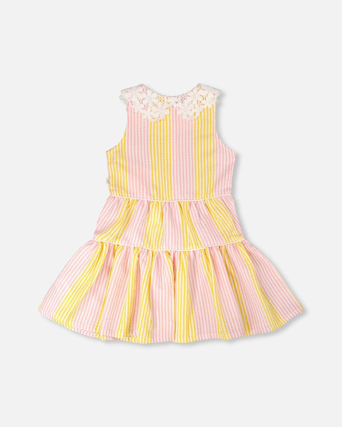 Sleeveless Dress With Crochet Peter Pan Collar Pink And Yellow Stripes - Image 2