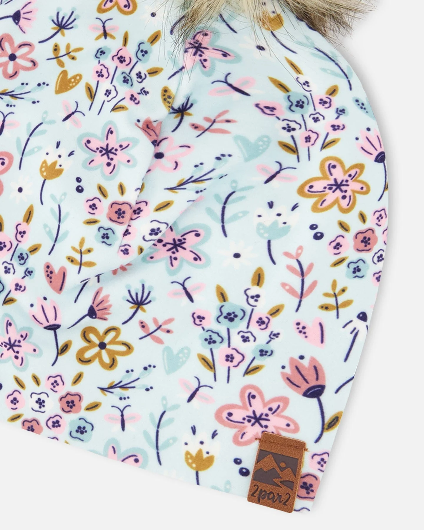 Stretch Jersey Hat Blue Mini Flower Print With Pompom - Image 5