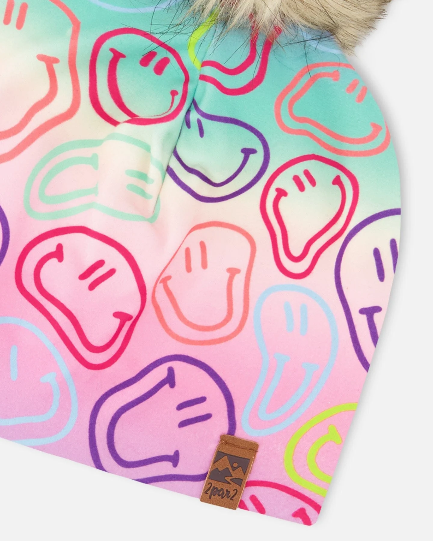 Stretch Jersey Hat Multicolored Printed Smileys With Pompom - Image 5